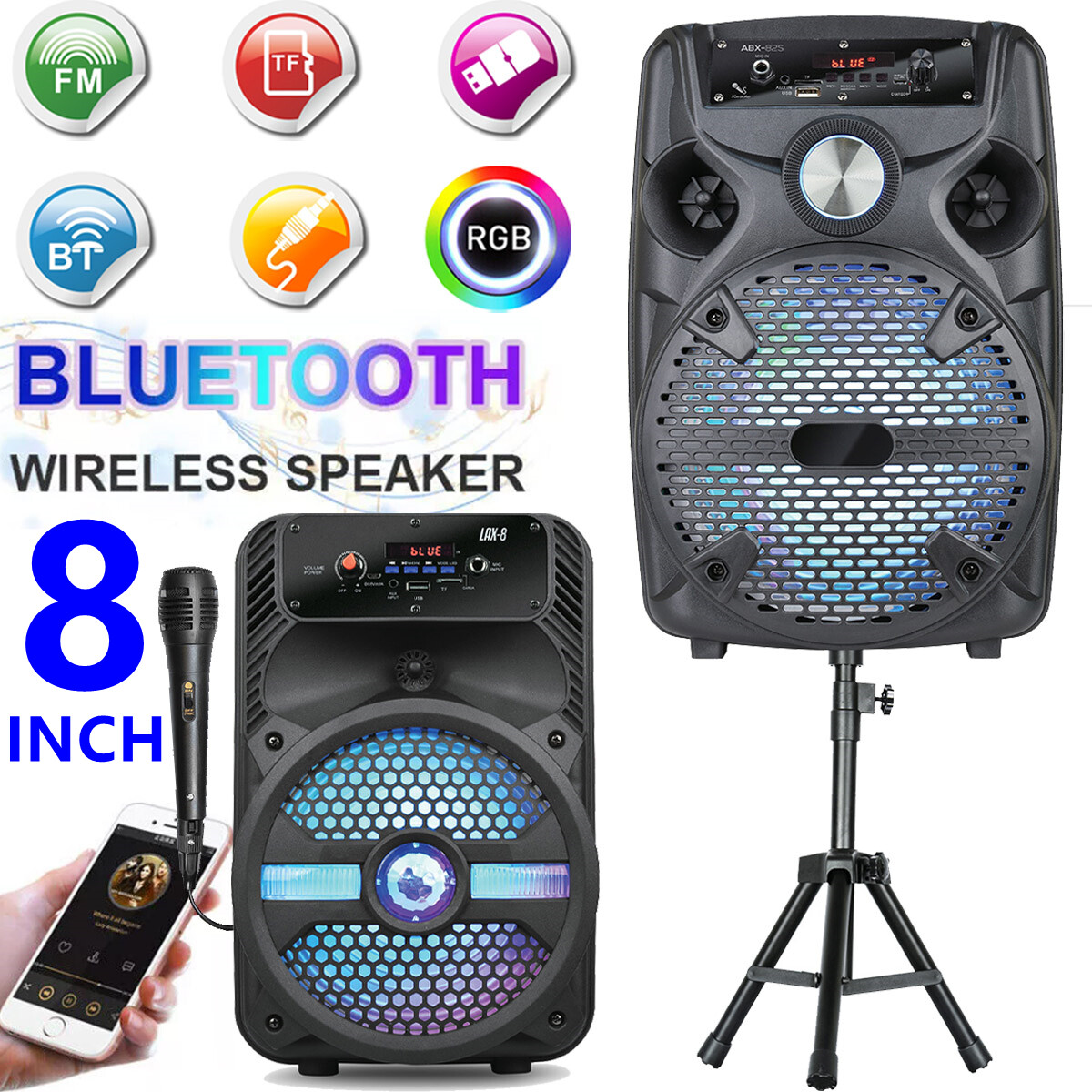 1100W Portable FM Bluetooth Speaker 8''Subwoofer Loud Stereo Sound LED Light&Mic