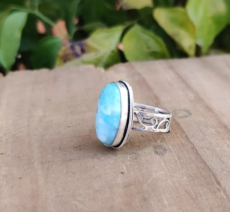Larimar Gemstone Ring Solid 925 Sterling Silver Gift For Her Valentines Gift MK*