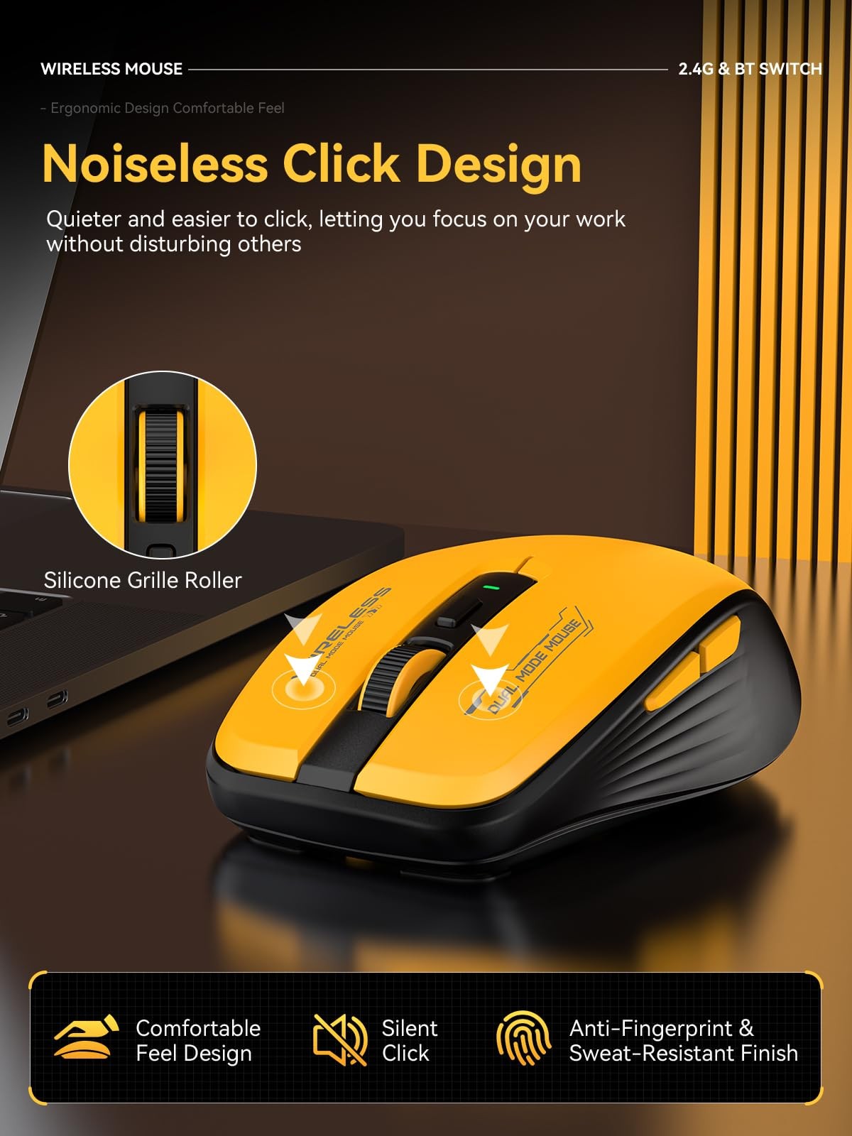 DAHULI Wireless Mouse Yellow Black, Dual-Mode Bluetooth/2.4G, Side Buttons