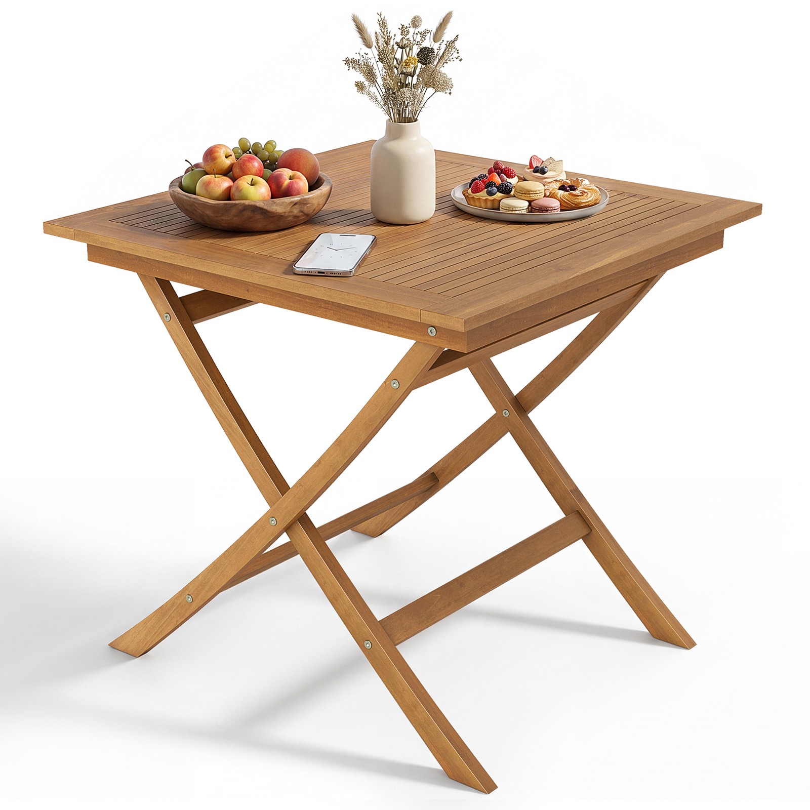 Solid Teak Wood Folding Outdoor Table 32-Inch Square Patio Dining Table for 4