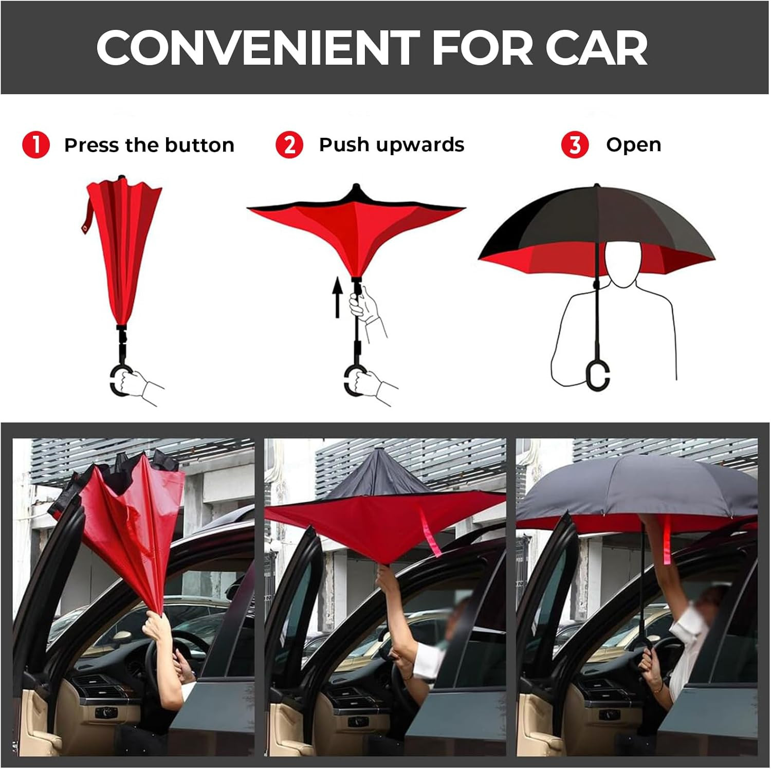 Windproof Inverted Umbrella, Large Reverse Umbrellas for Rain with C-Shaped Hand