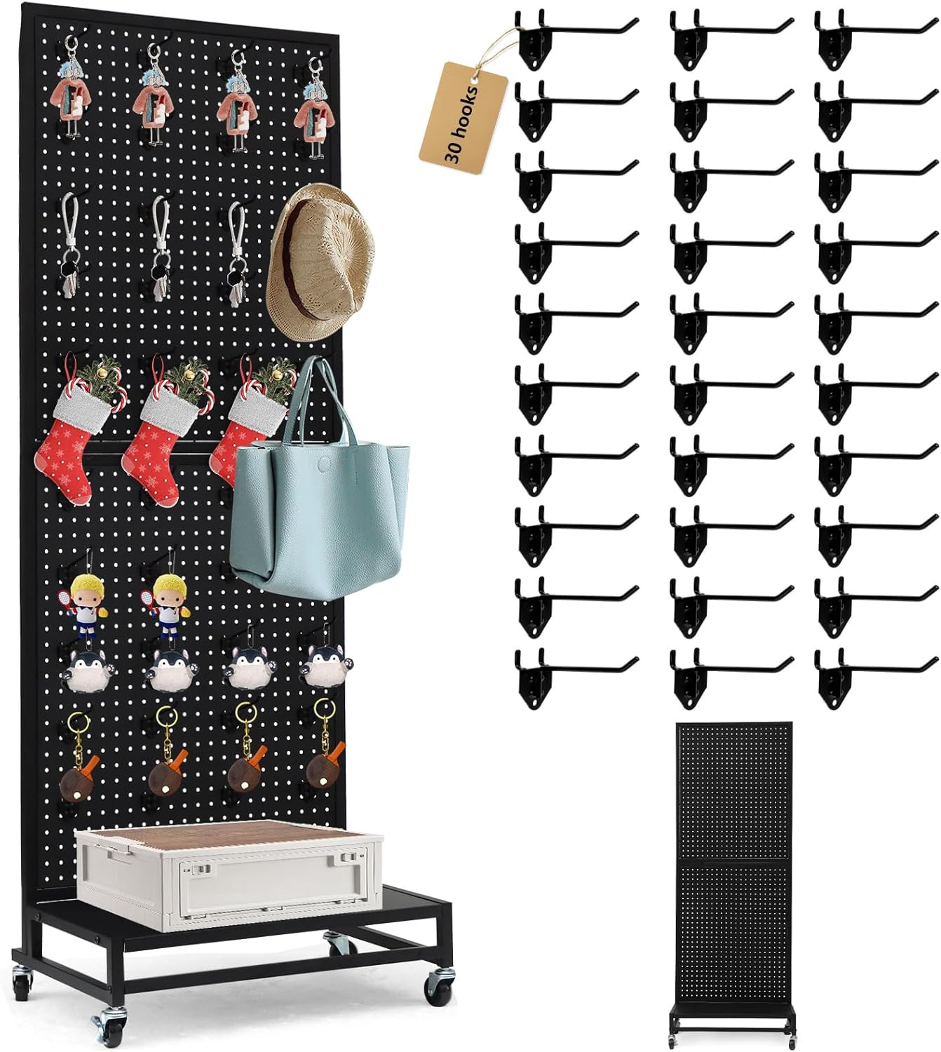 Black Metal Pegboard Display Stand 2'X5' with Wheels & 30 Hooks