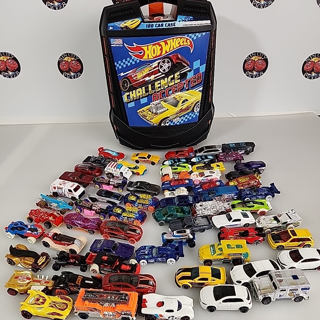 Lot 60+ Hot Wheels cars  & 100-Car Rolling Storage Case With Retractable Handle