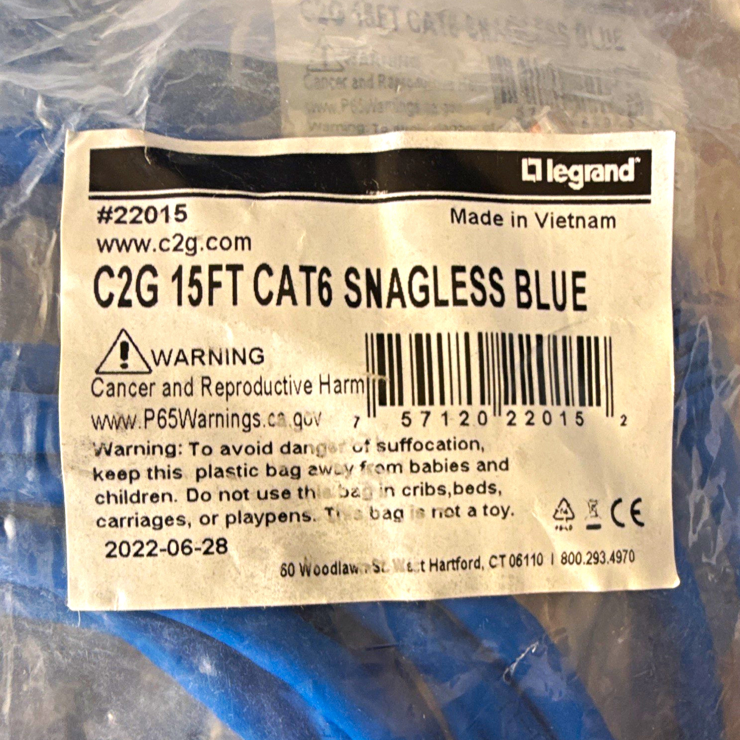 C2G Cat6 RJ-45 Ethernet Patch Cable 15 ft Blue Snagless Round 22015