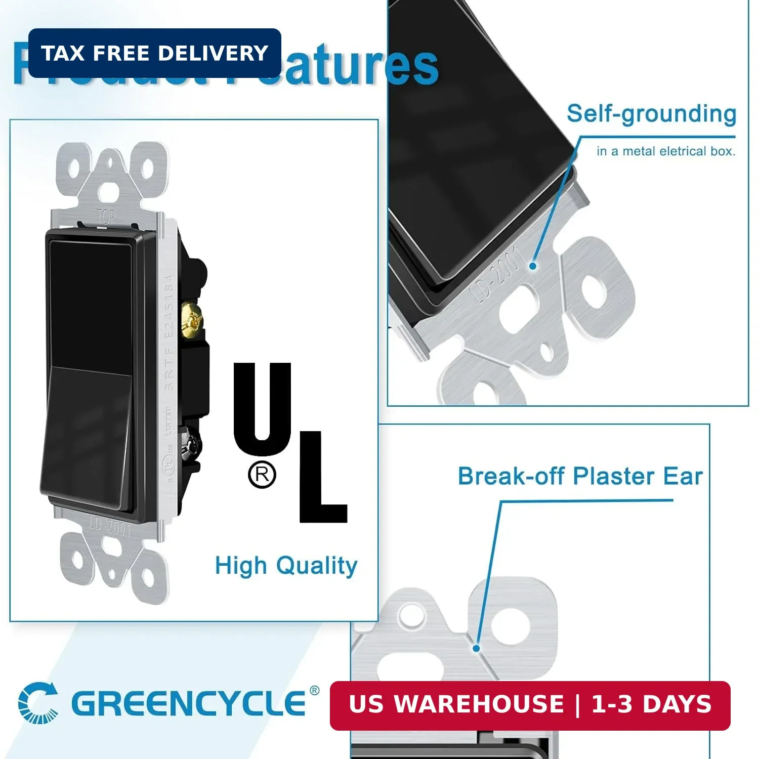 Greencycle Black Single Pole Rocker Light Switch,Paddle Light Switch 15 Amp,Sp S
