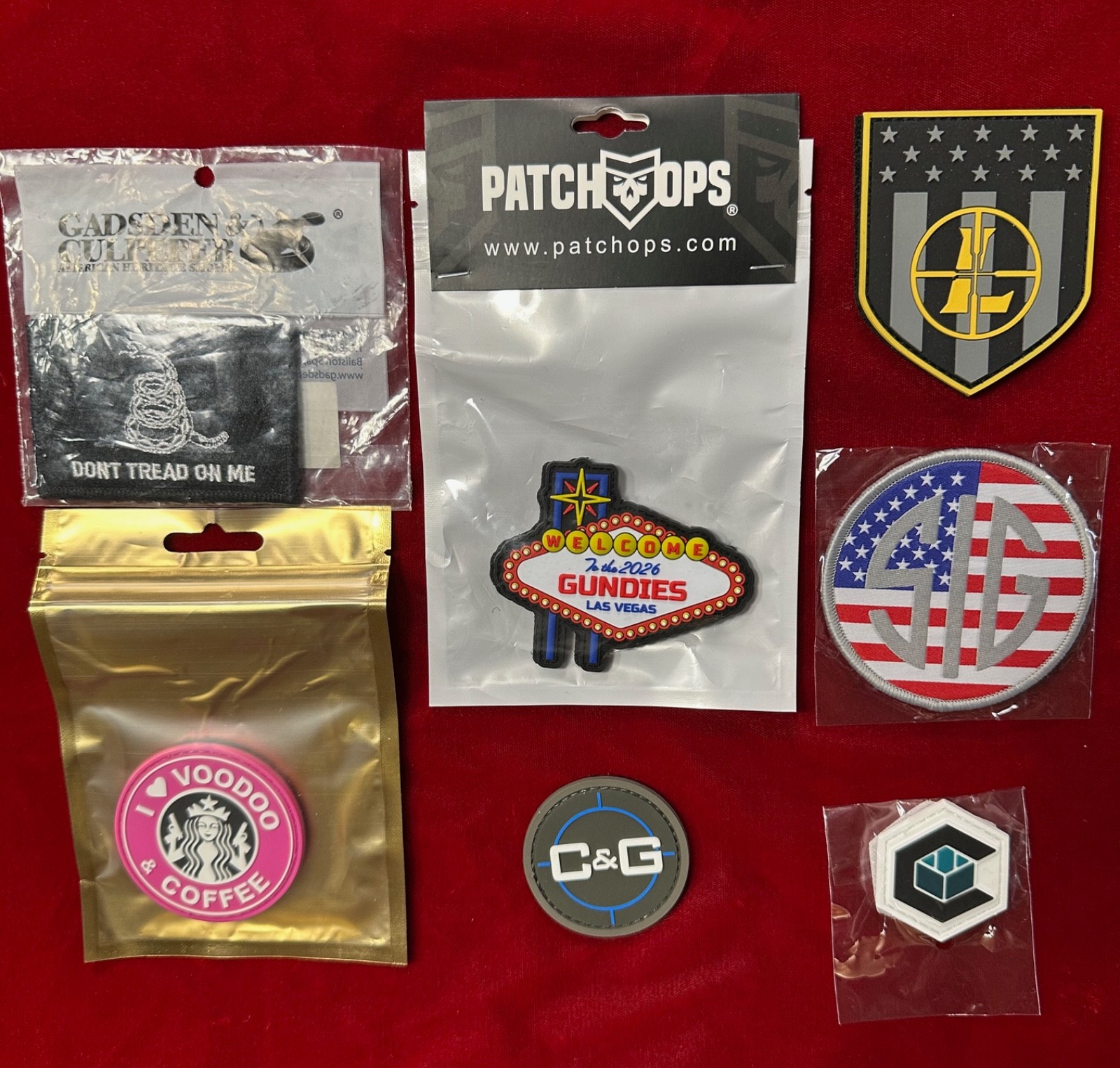 Lot of 7 Morale Patches, Las Vegas 2026 Shot Show, SIG, Leupold,  VooDoo, C & G.