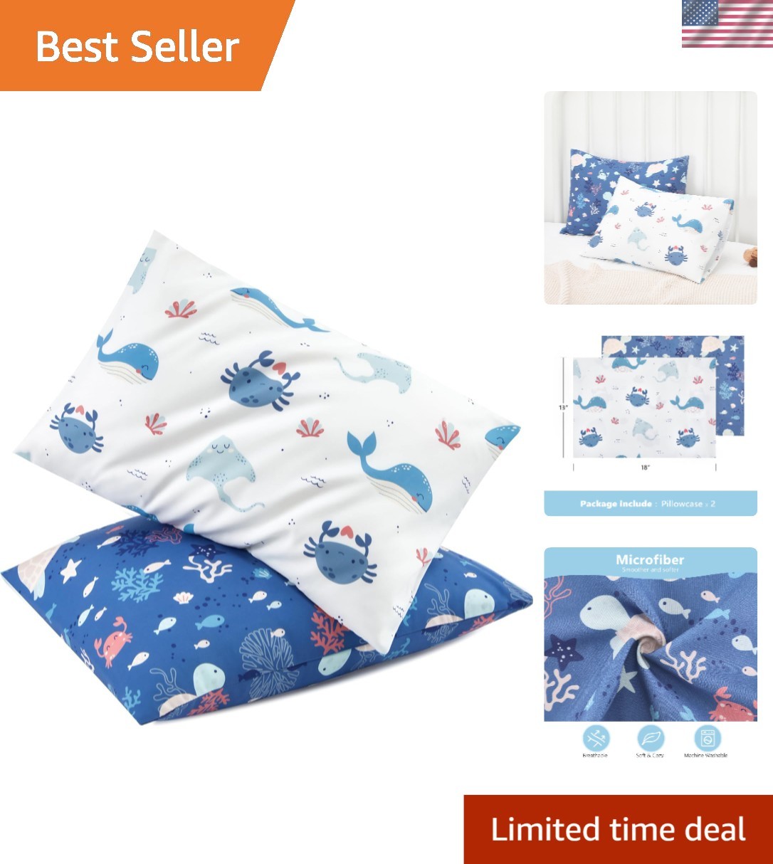 Toddler Pillowcase 2 Pack Microfiber 13x18 Kids Pillow Cover Envelope Closure