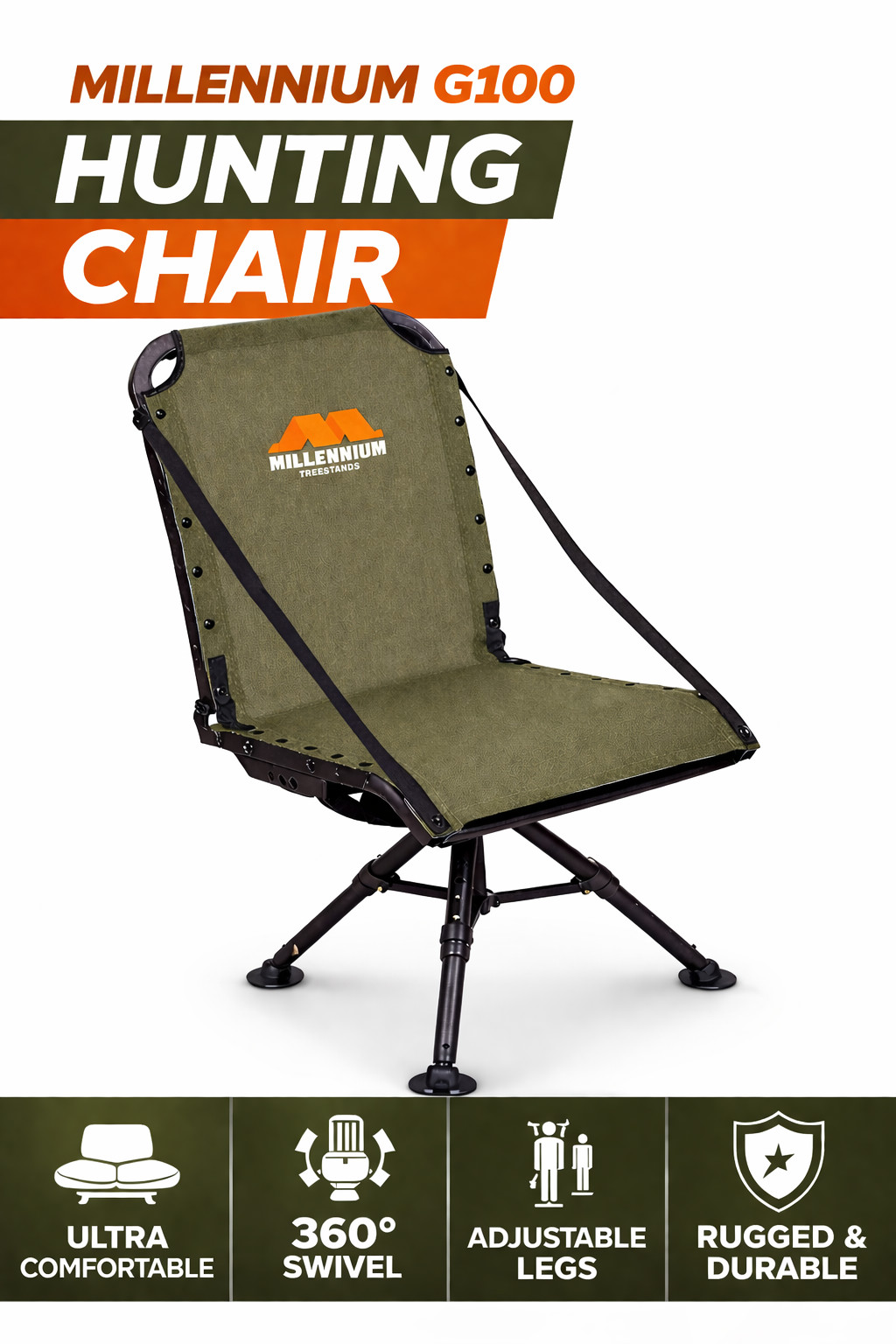 Millennium G100 Hunting Chair Swivel Ground Blind Seat Adjustable Tripod
