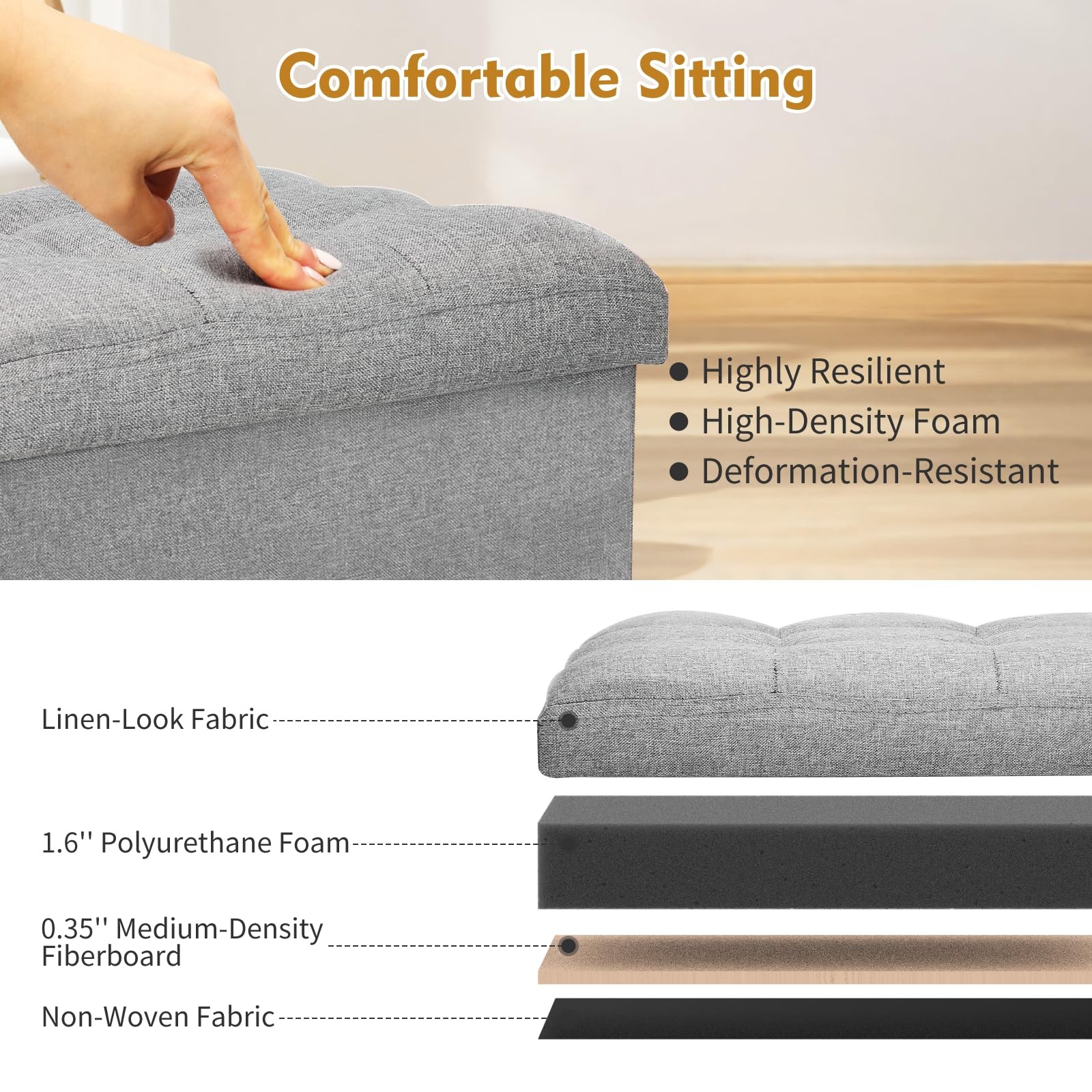 Storage Ottoman Foot Rest, Folding Linen Foot Stool with Thicker Foam Padded ...