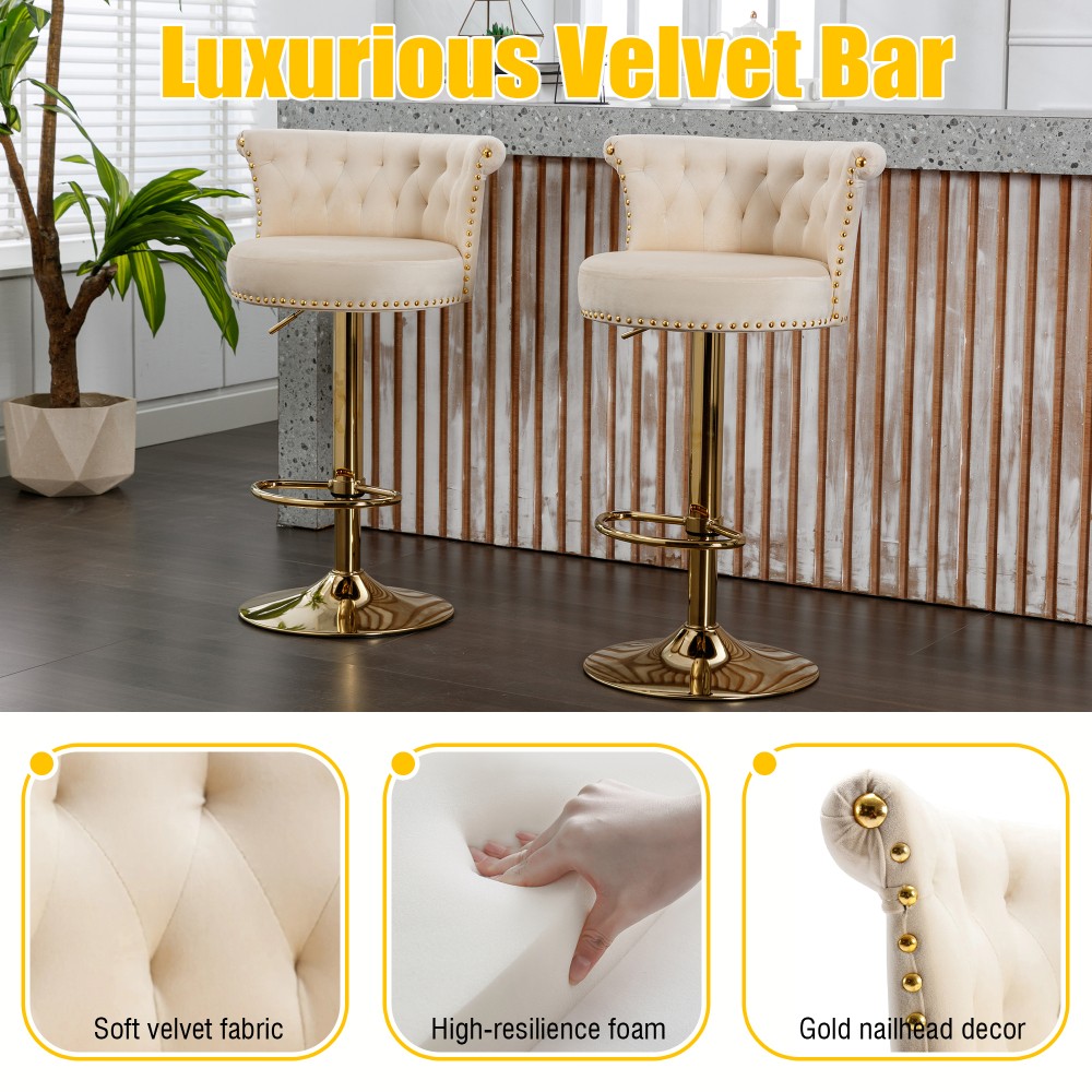 2PC SET Velvet 360 Rotating Bar Chair Adjustable Height Handmade Backrest