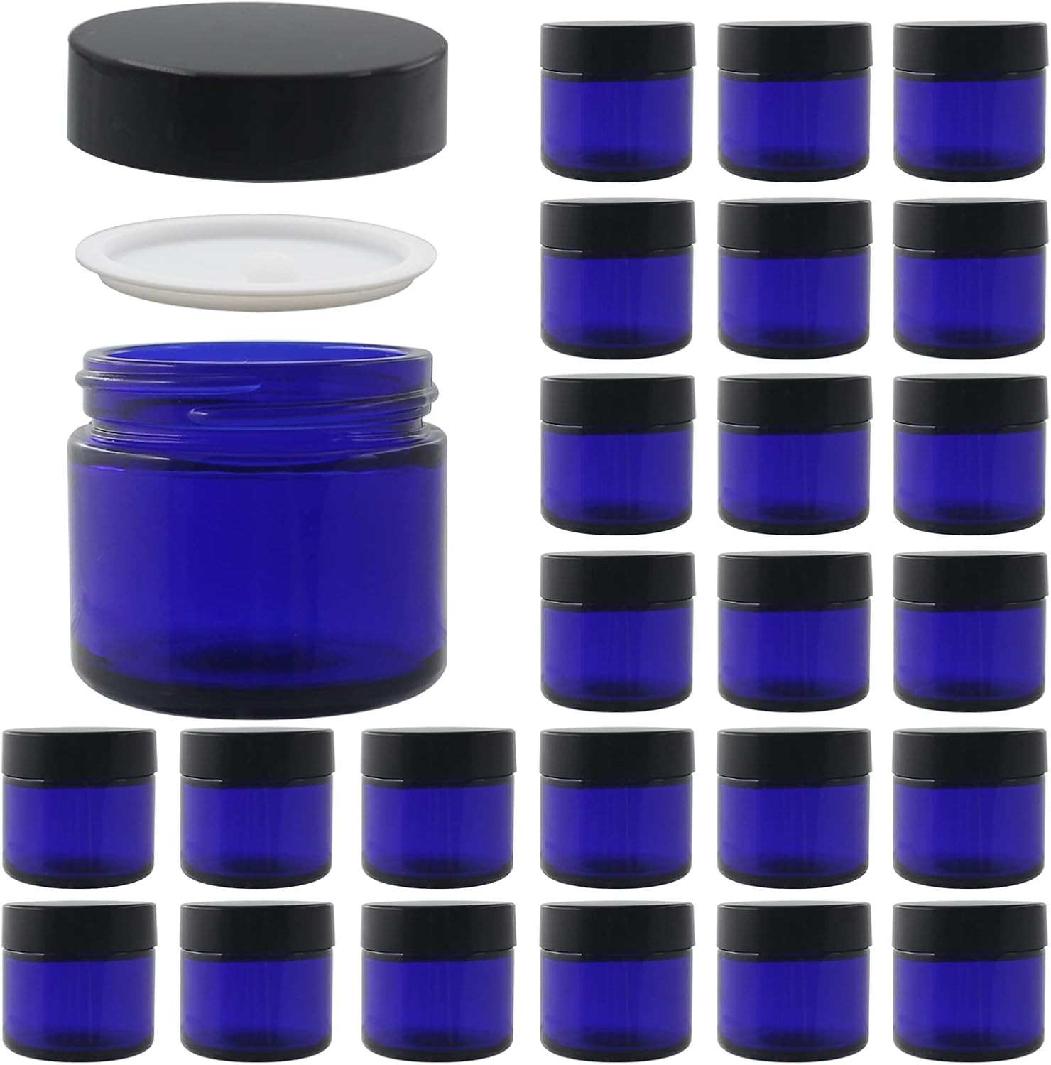 24 Pack 2 oz Round Blue Glass Cosmetic Jars with Inner Liners and Black Lids,...