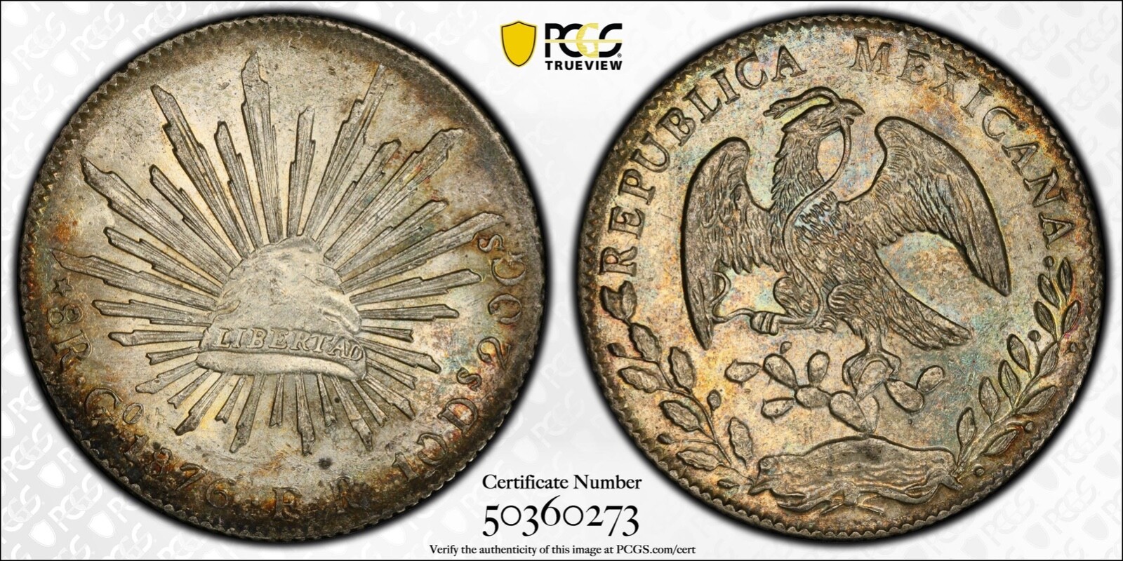 MEXICO GUANAJUATO 1876-GoFR 8 REALES UNCIRCULATED COIN, PCGS CERTIFIED MS61