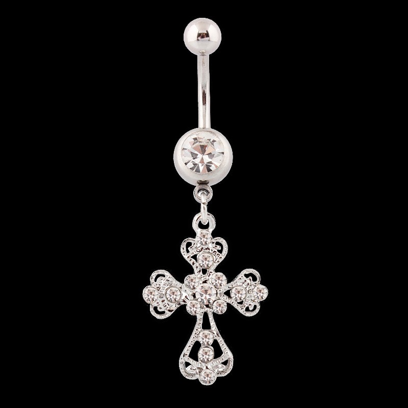 Crystal Rhinestone Belly Button Rings Stainless Steel Cross Pendant Navel Nail