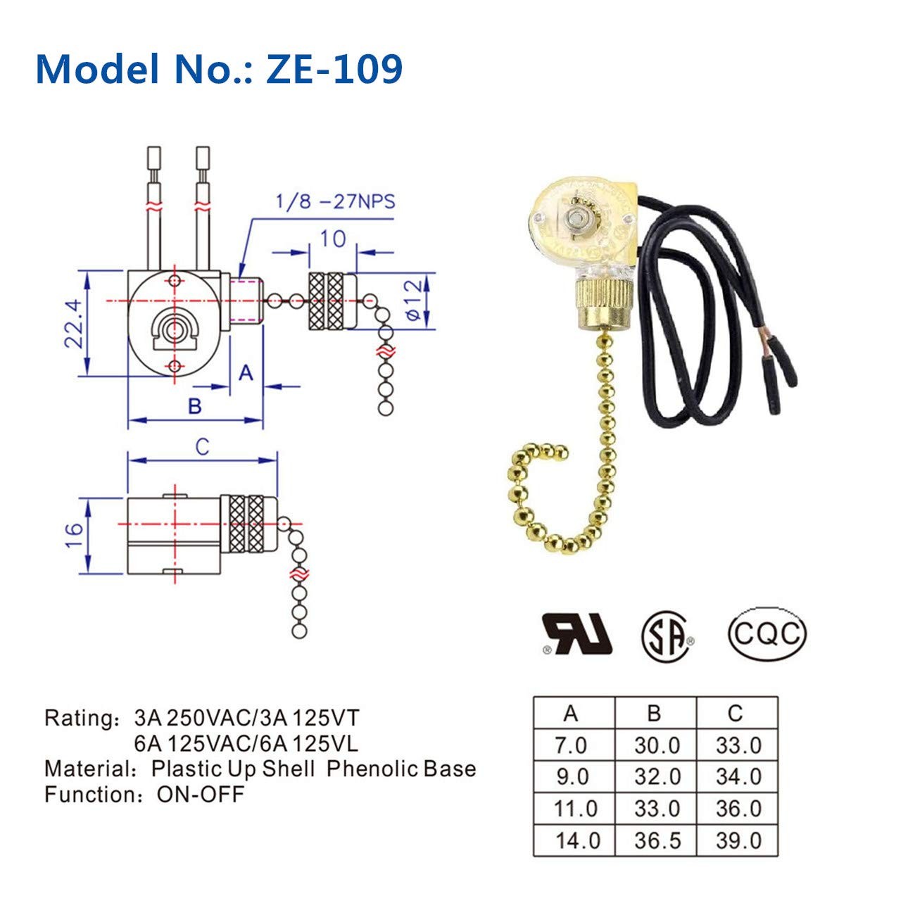 Pull Chain Switch Zing Ear ZE-109 2-Wire Single Circuit Pull Chain Ceiling Fa...