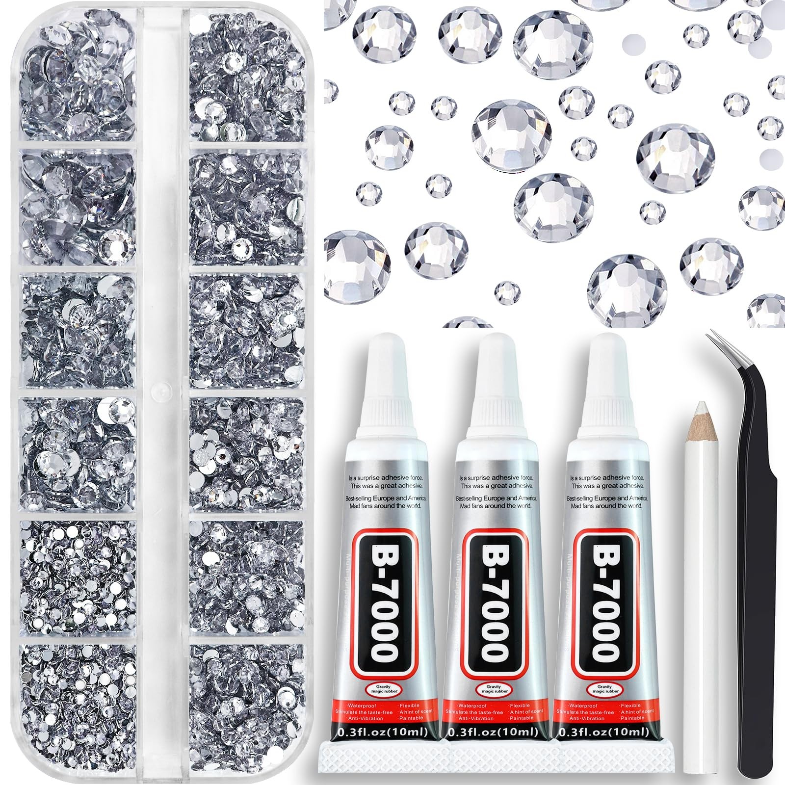 B7000 Clear Glue with 4000PCS Silver Clear Rhinestones for Crafts Clothing Fabri