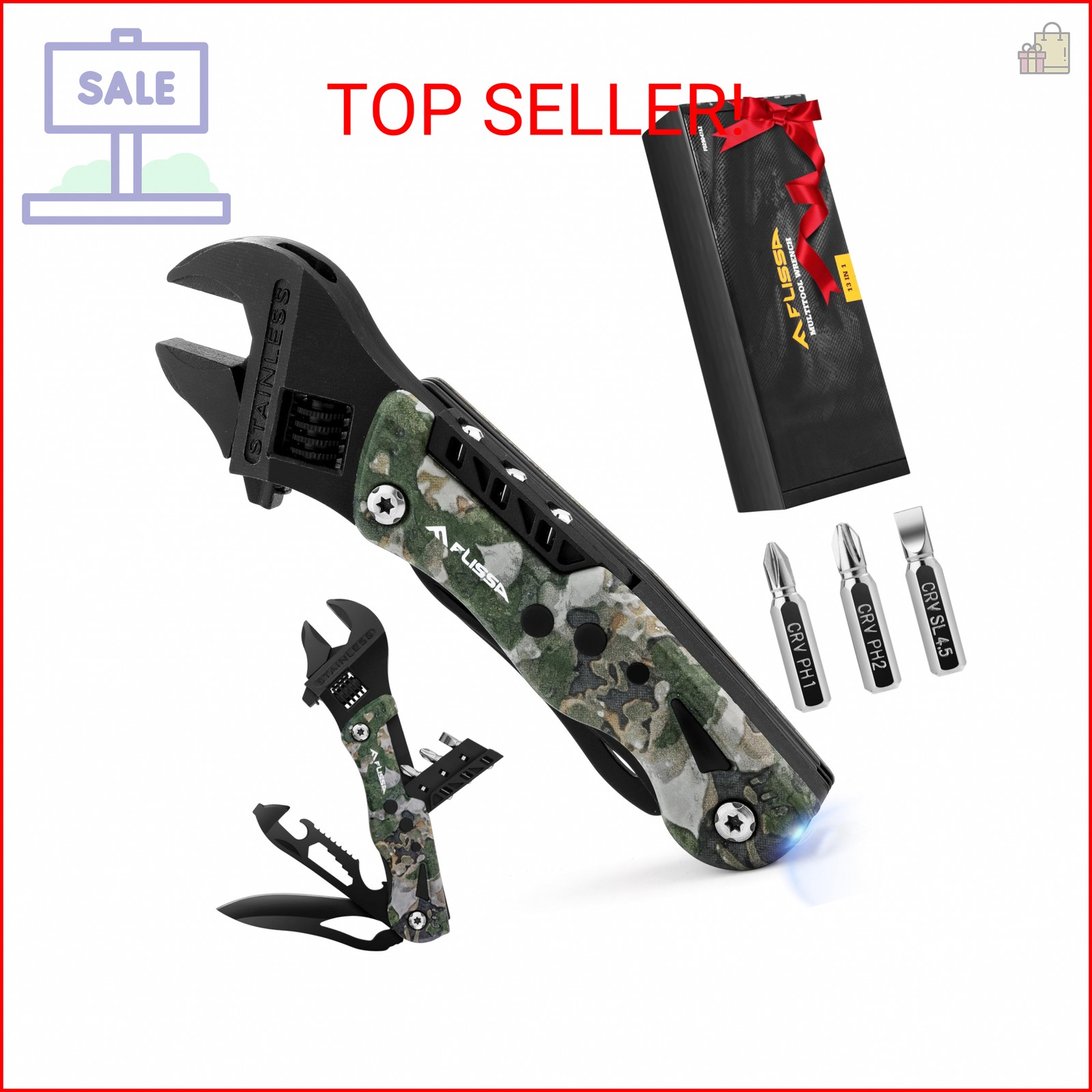 FLISSA 13-in-1 Multi Tool Wrench, Gift for Men Dad, Stainless Steel Camo Multito