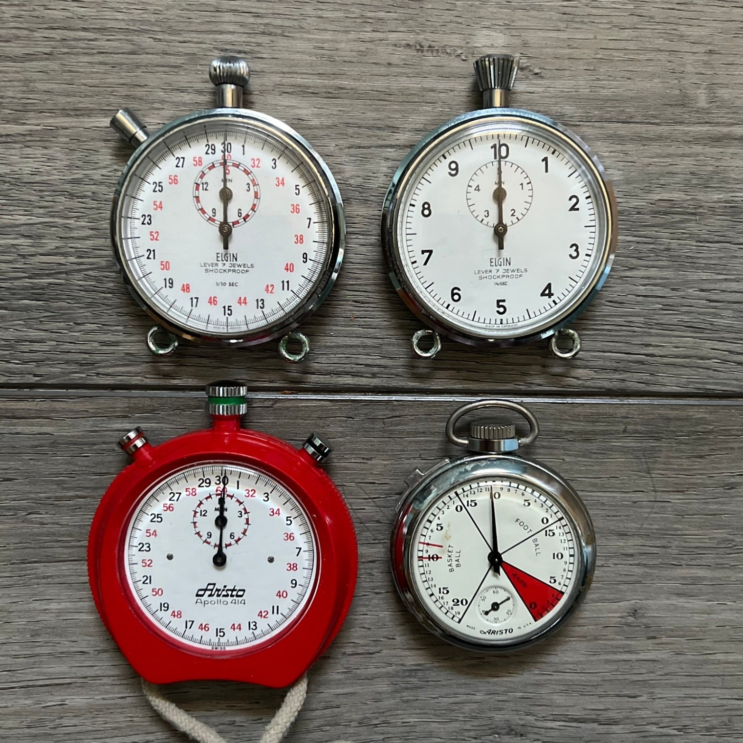 Lot of 4 Vintage Elgin Aristo Stopwatches Lever 7 Jewels Apollo 414 Parts Repair