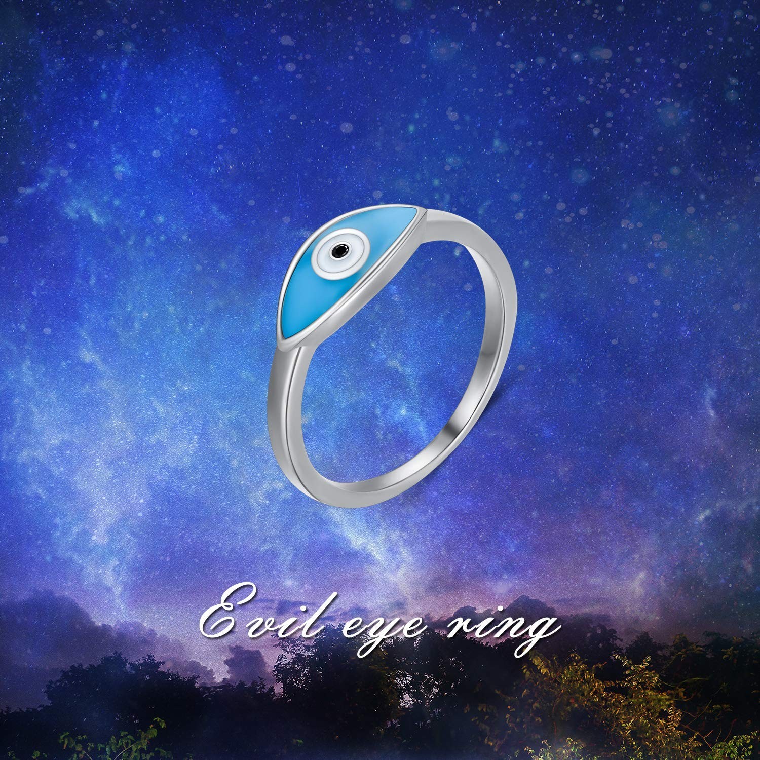 Evil Eye Ring Sterling Silver Stackable Blue Protection evil eye Ring Gift fo...