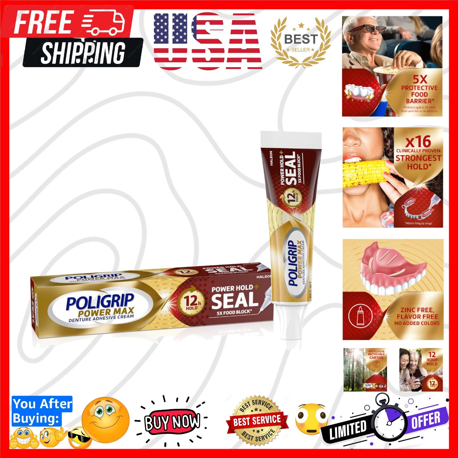 Poligrip Power Max Power Hold plus Seal Denture Adhesive Cream, Denture Cream...