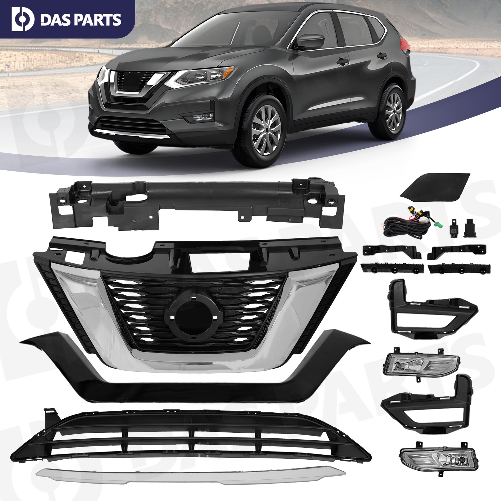 For Nissan Rogue 2017-2020 Front Upper Lower Grille Assembly Fog lights Kit