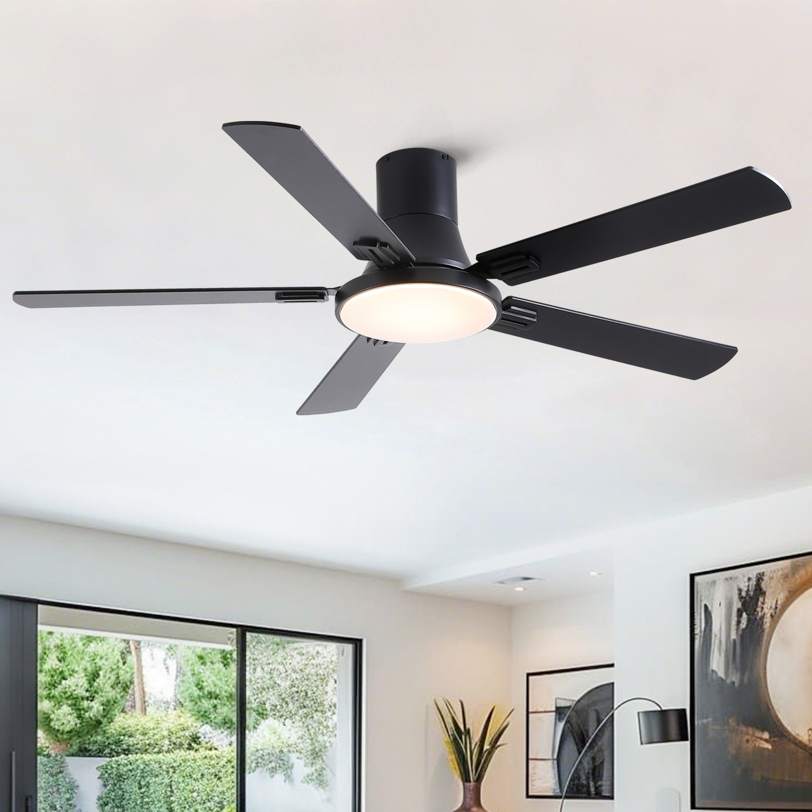 52 inch Mordern Minimalism Black Flush Mount Ceiling Fan with Light and Double