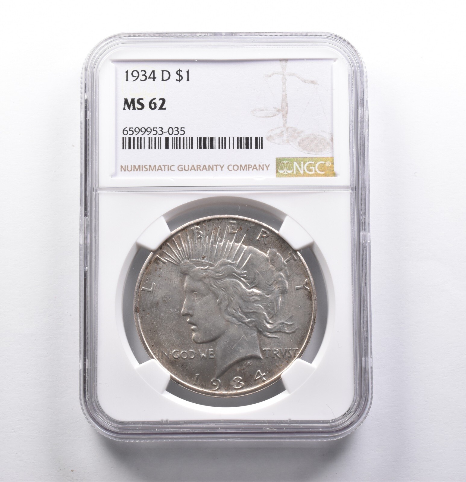 MS62 1934-D Peace Silver Dollar NGC *3861