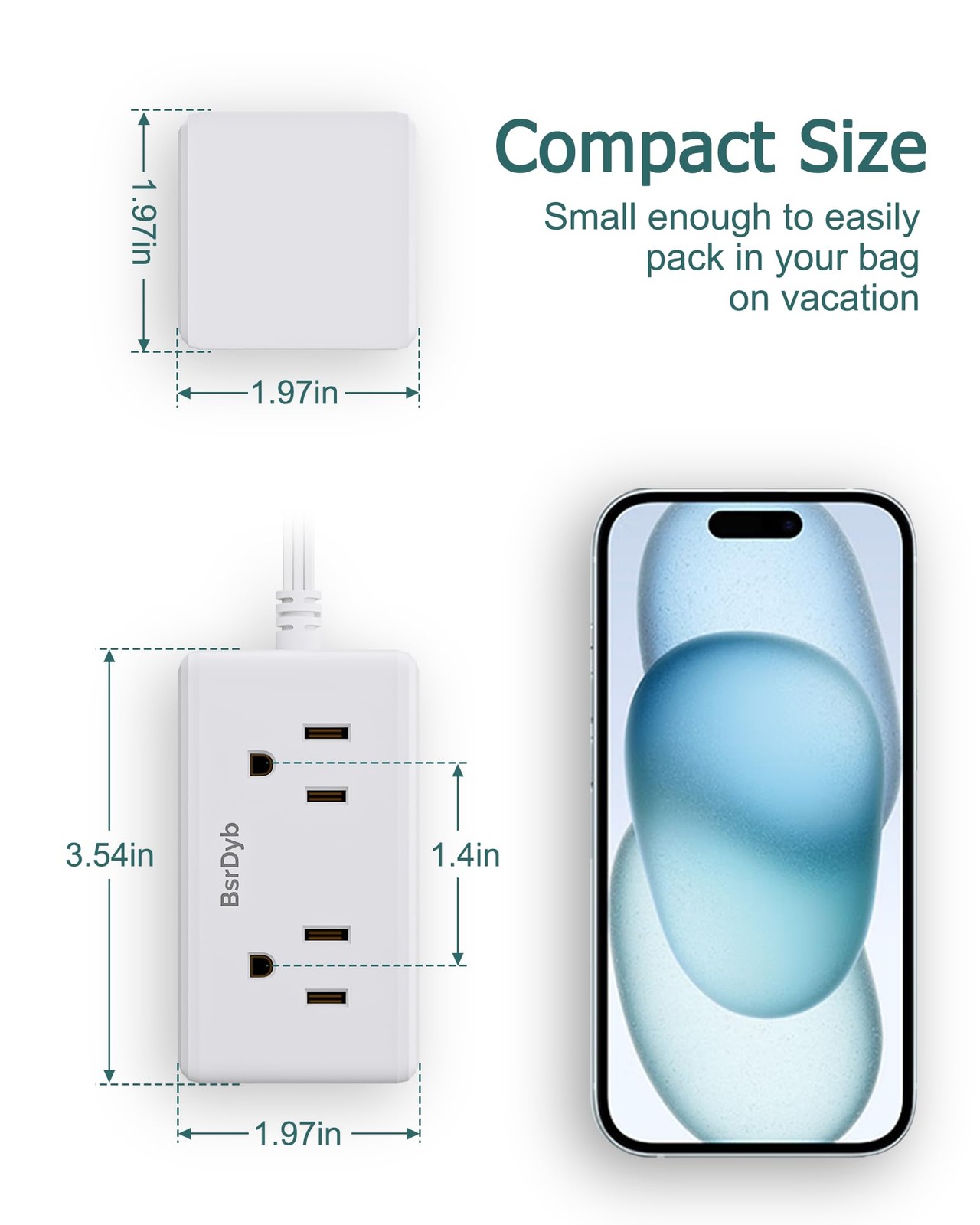 5Ft Flat Plug Small Power Strip,3-Side White Extension Cord with 6 Wide Outle...