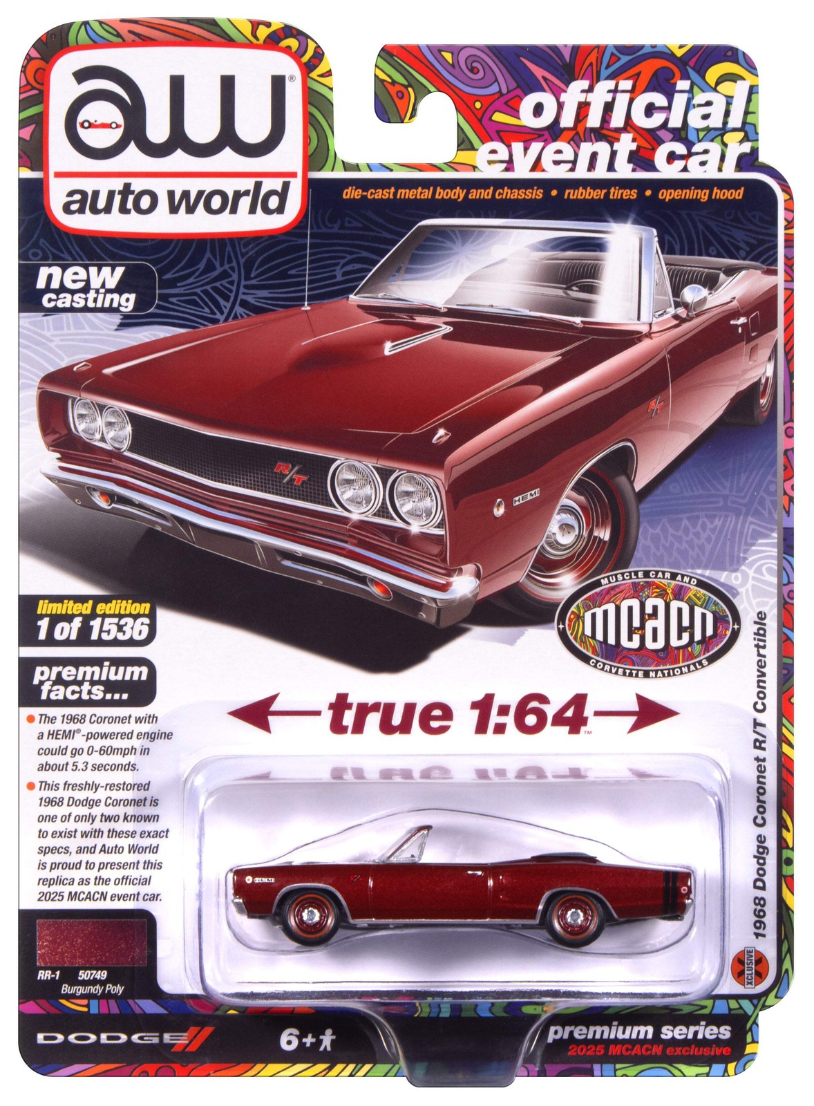 Auto World 1968 Dodge Coronet R/T Convertible (2025 MCACN Event Car) 1:64 Diecas