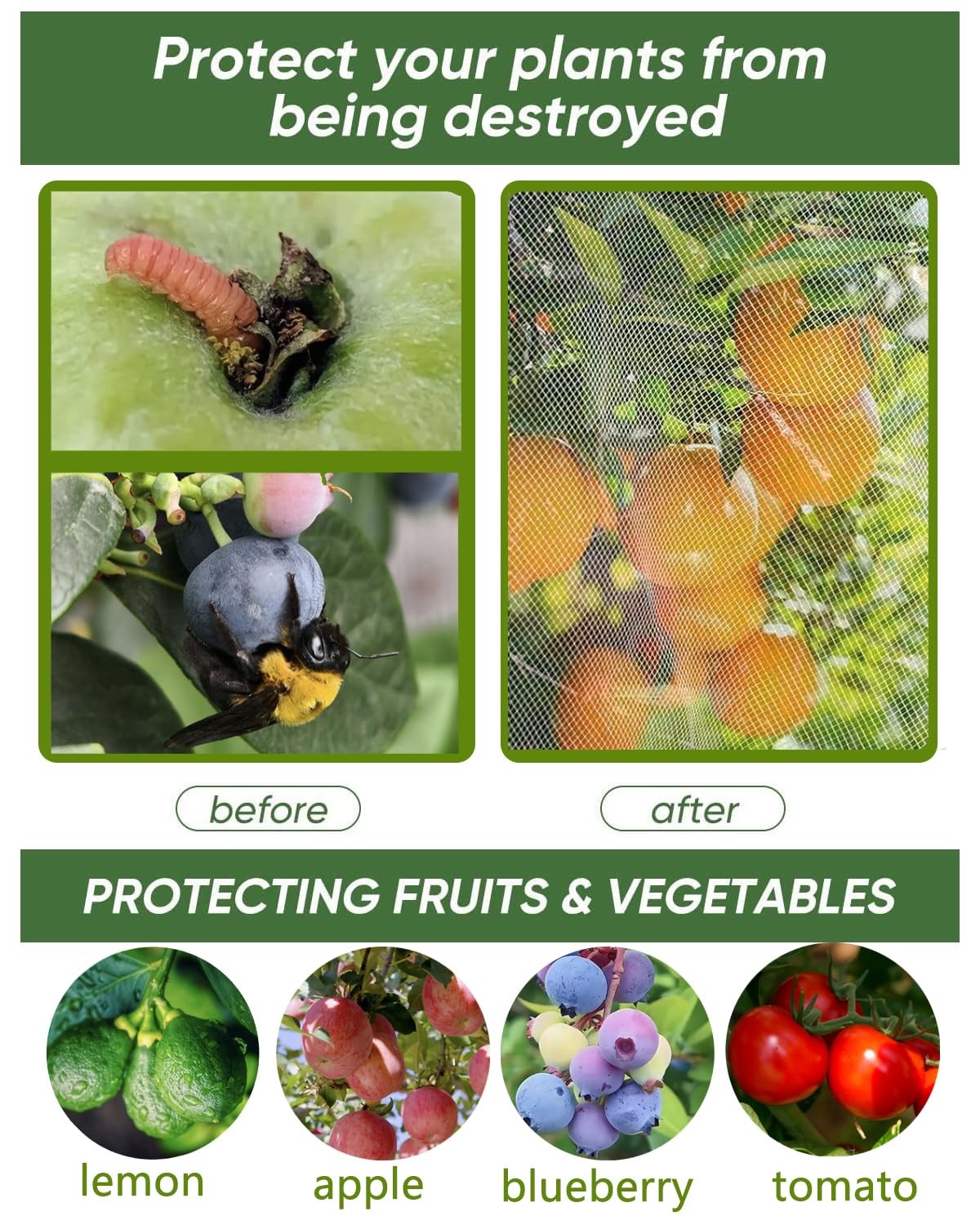 4 Pack Fruit Tree Netting with Zipper & Drawstring, 2.6 x 3.2 x Ft, 4