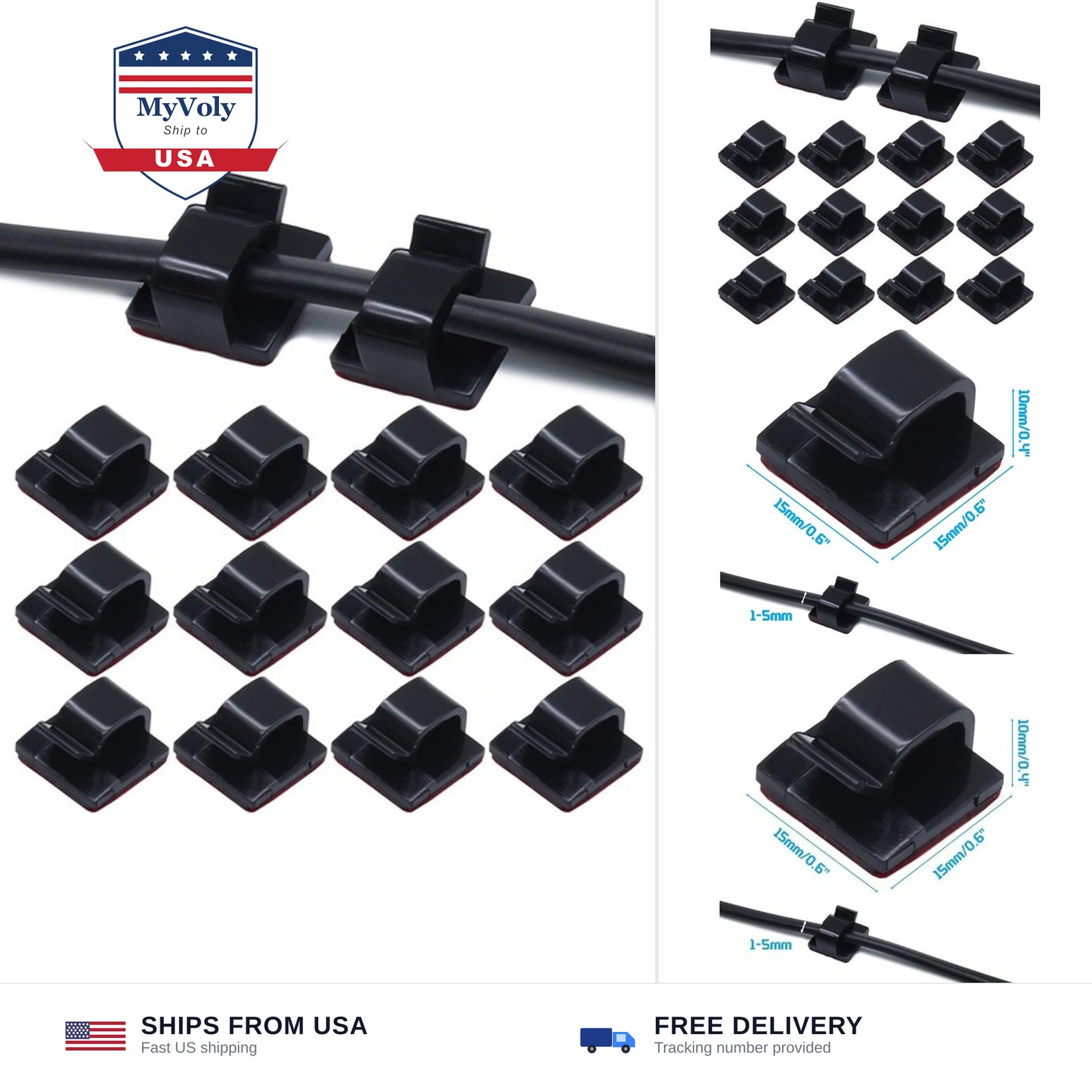 100 PCS Black Cable Clips Adhesive | Cord Clips for Wires on Wall, Cable Mana...