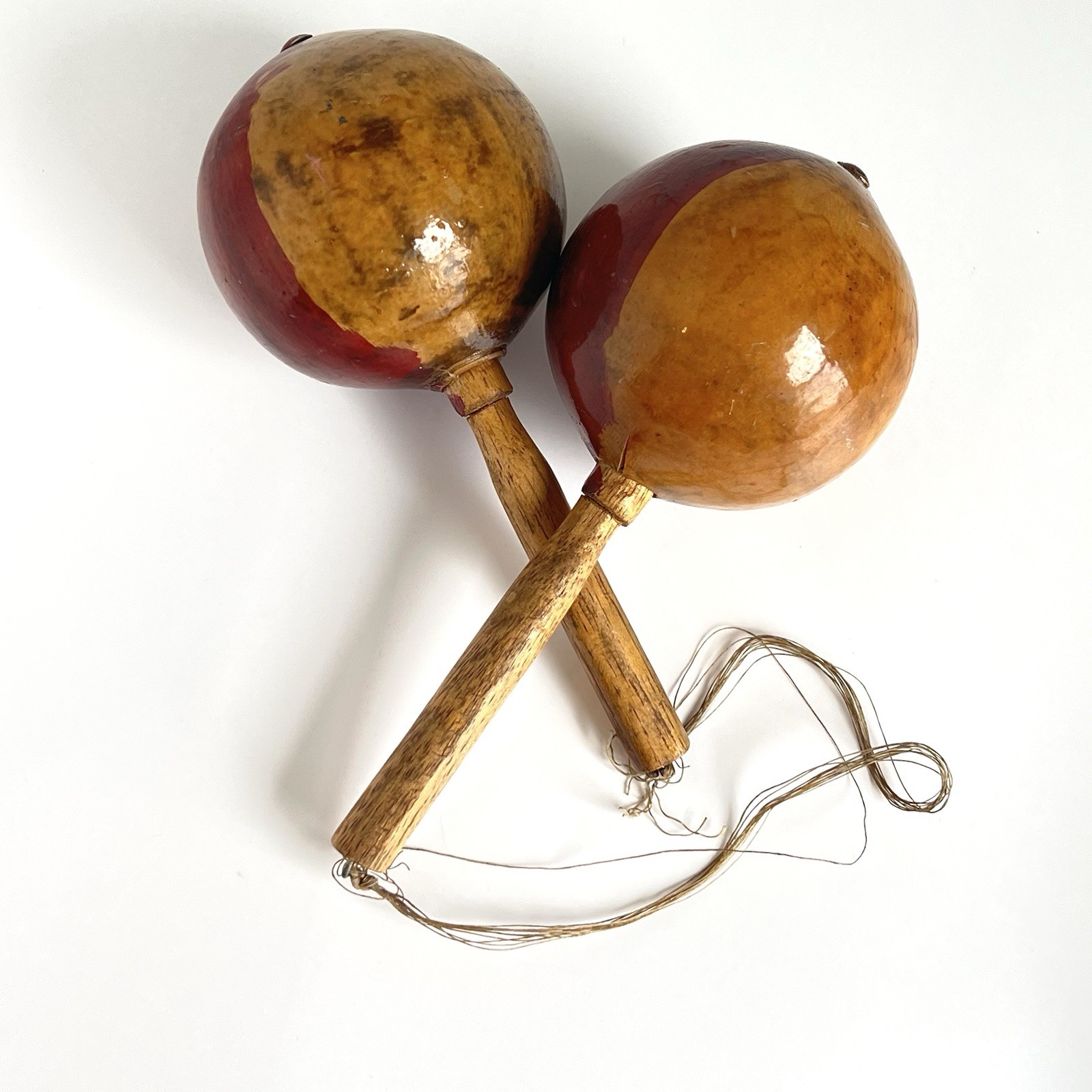 Vintage Hand Made Painted Wood Maracas Pair Rattle Musical Instrument Folk Art