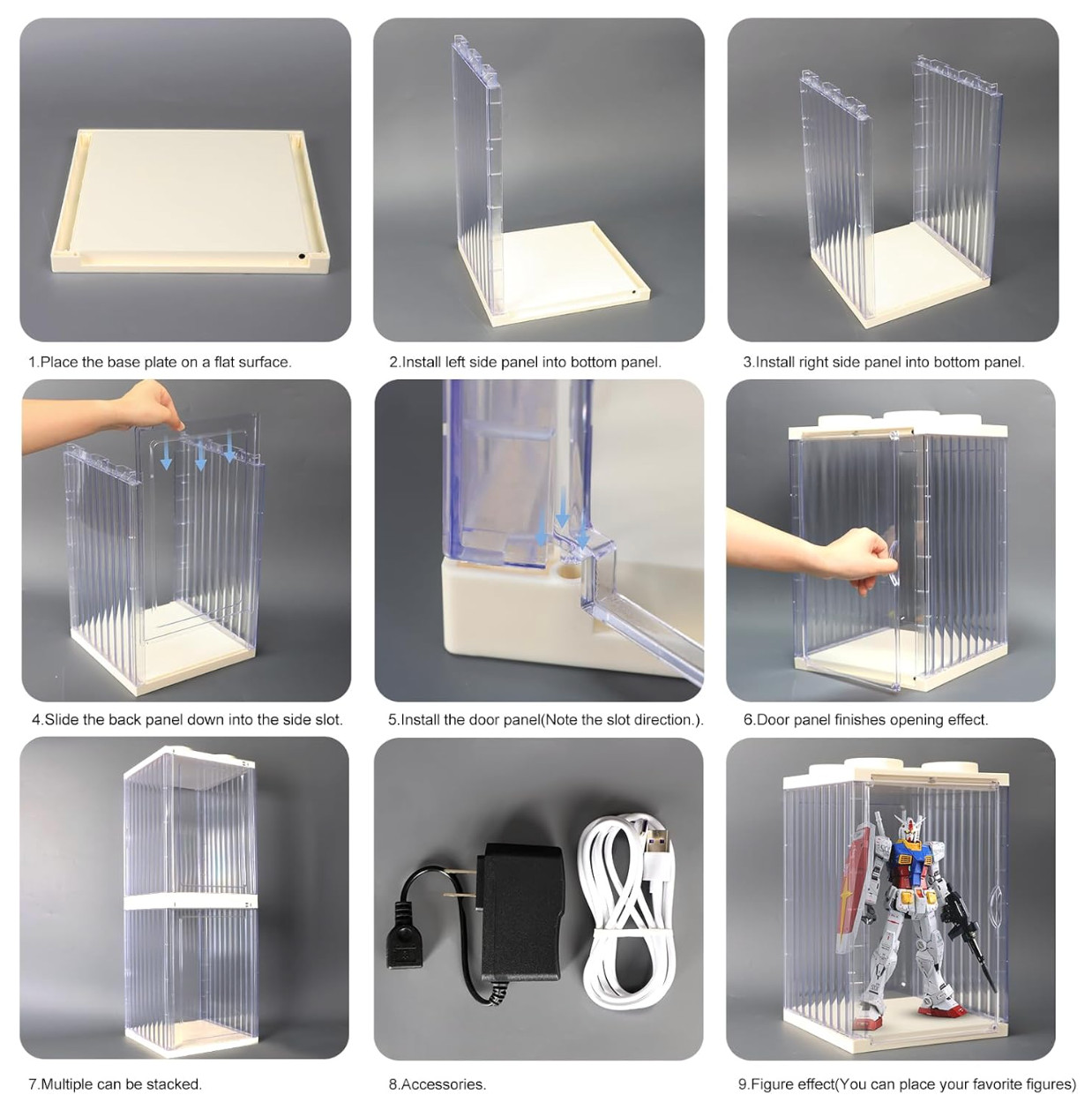 Action Figure Display Case 16" Black Acrylic 1/6 Model Figurine LED Light Toy Bo