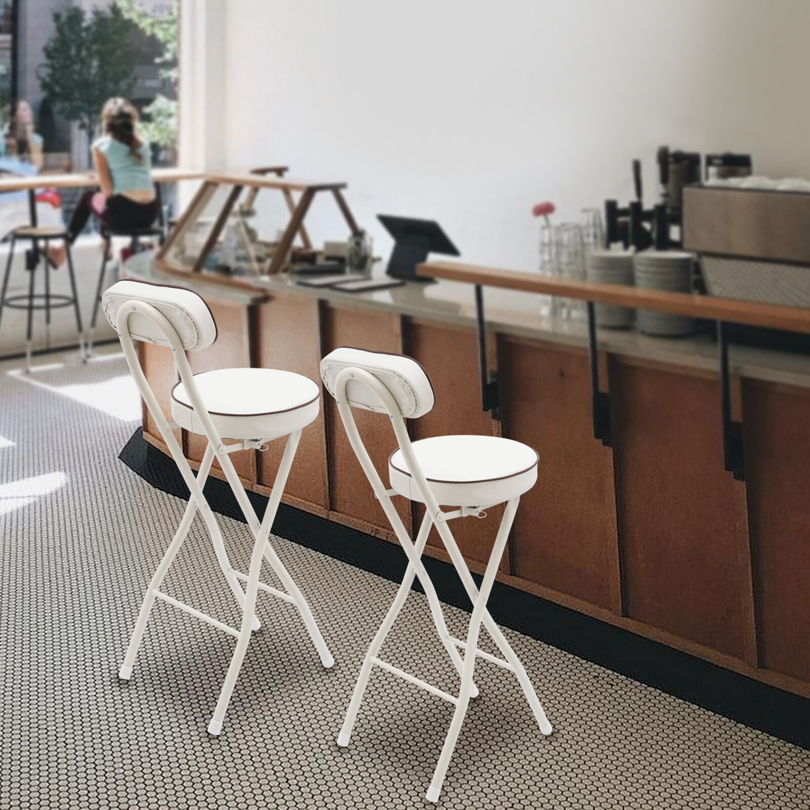 2PCS Bar Stool Portable Folding Stool Padded Folding High Chairs White