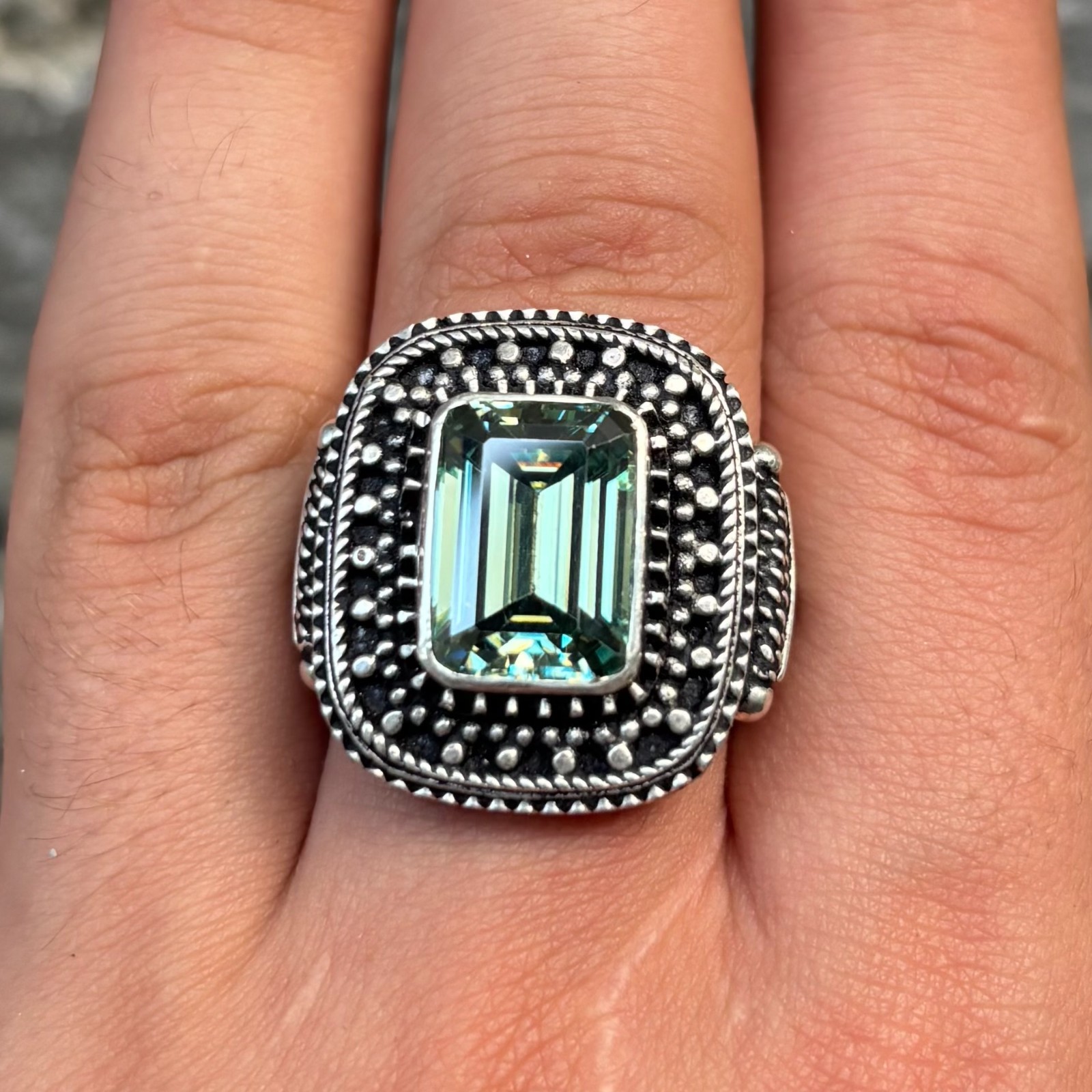 Moissanite In Handmade Silver Ring , Antique Design