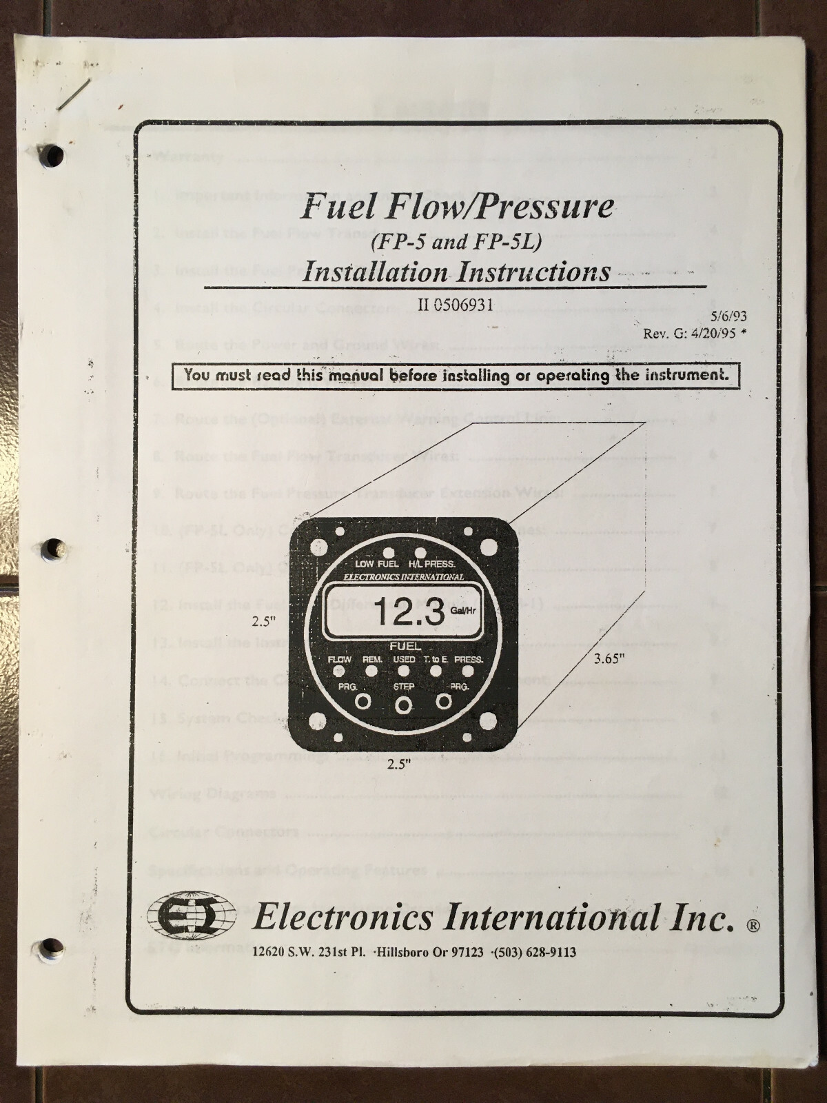 Electronics International FP-5, FP-5L Fuel Flow-Pressure Ind. Install Manual