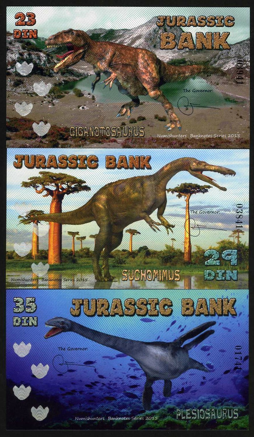 SET, Jurassic Bank, 23;29;35 Din, 2015 POLYMER, UNC 3 Note Dinosaurs Set F