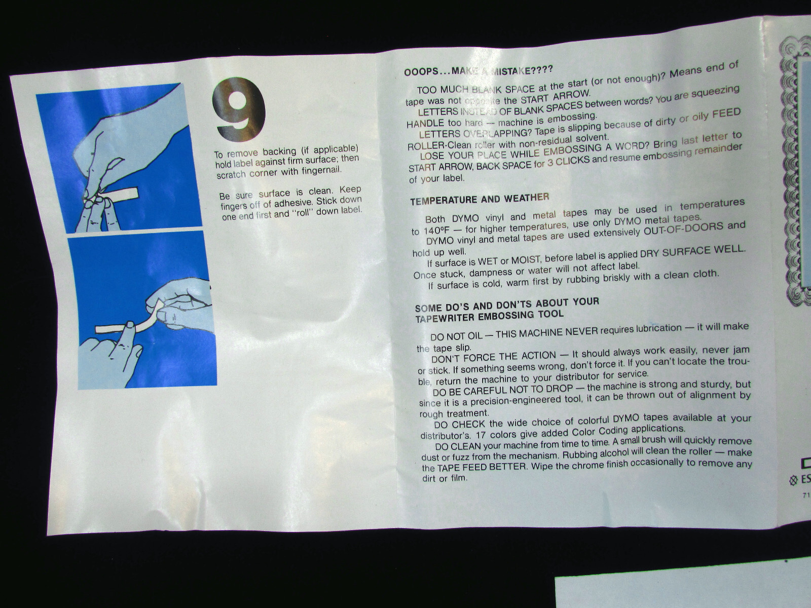 DYMO 1011 TAPEWRITER OPERATING INSTRUCTIONS Only