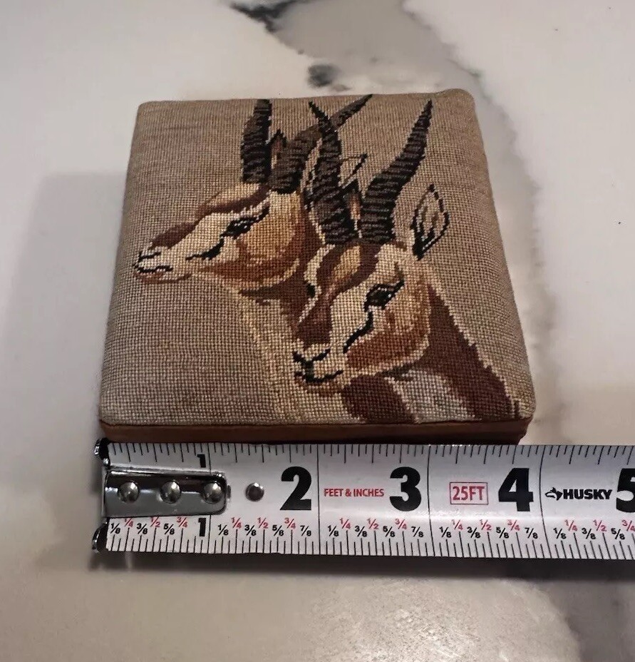 Vintage Tapestry Satin Antelope Trinket Box 4" Wide 2" Tall Hand Made