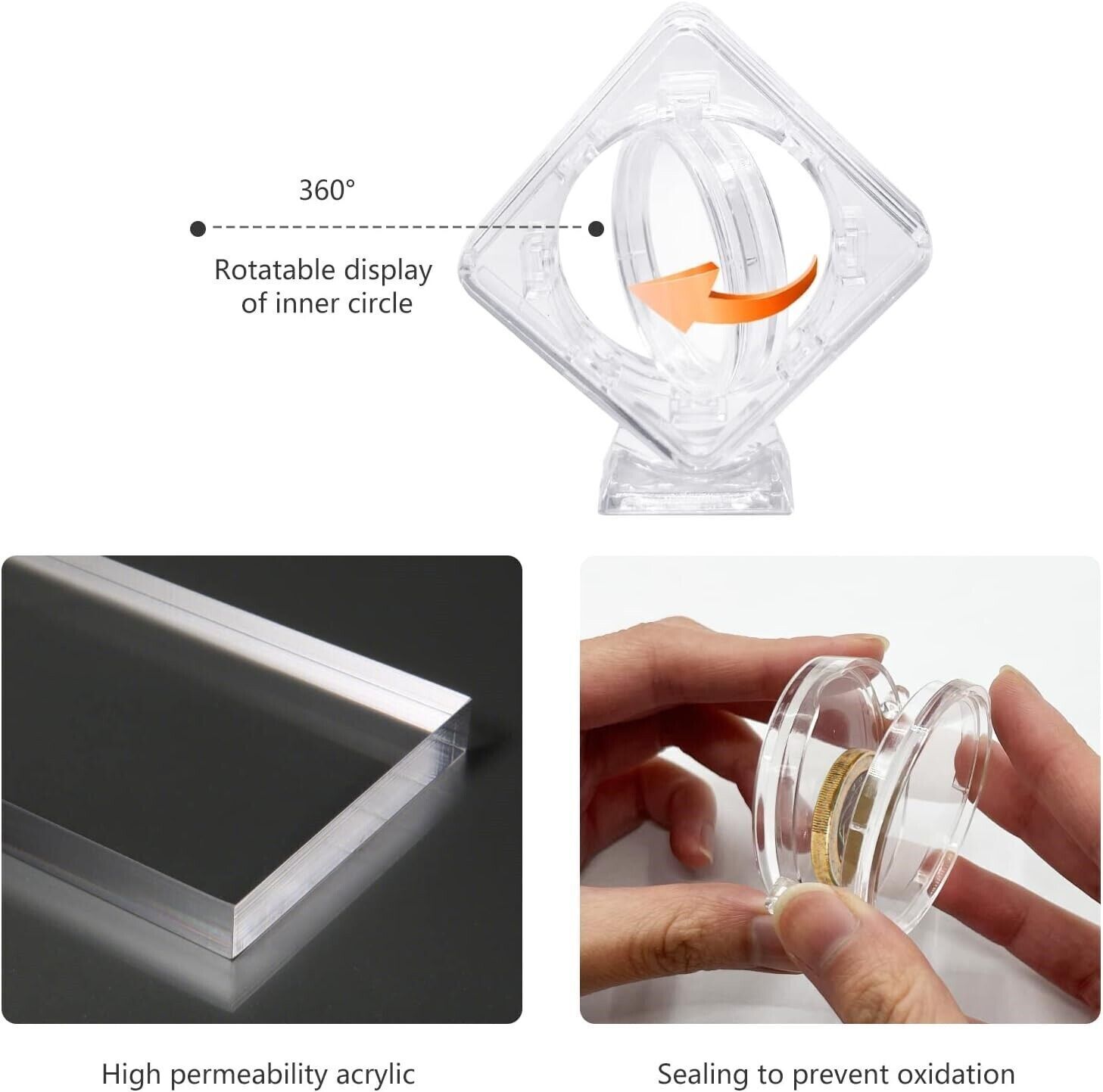 3D Coin Display Case Stand Rotatable Floating Coin Capsules Protector 40 mm 2Pcs
