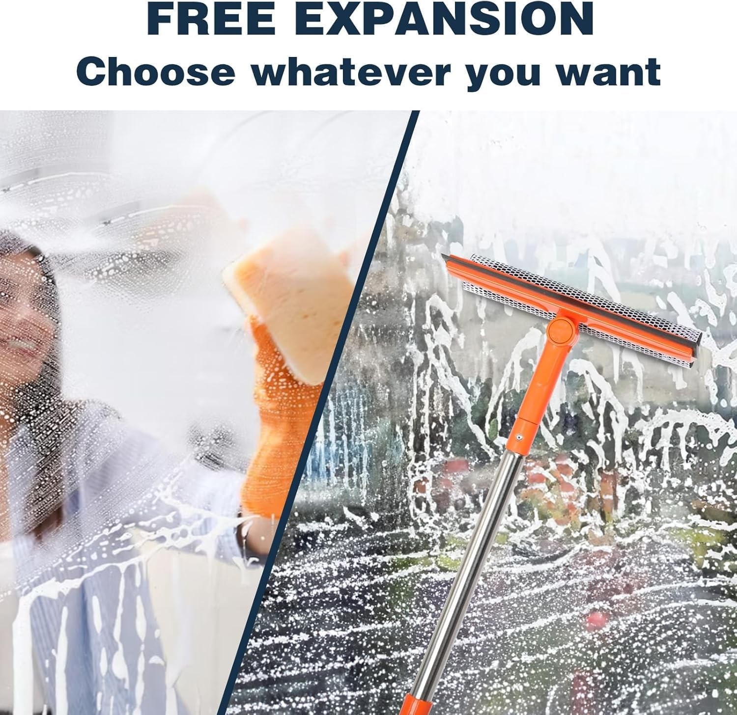 Professional Window Squeegee with 10-55" Extension Poles,2 in 1 Window Cleaner