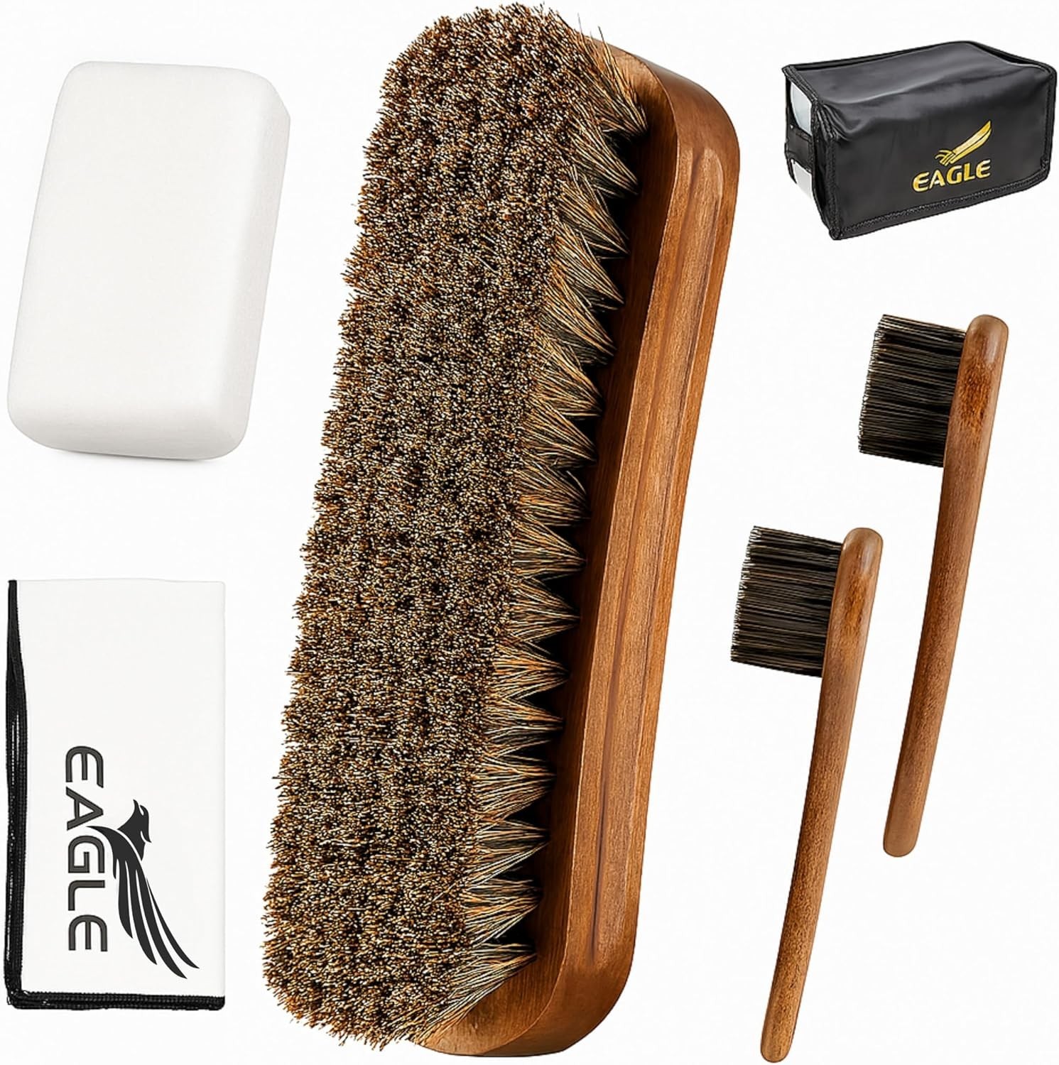Shoe Shine Brush Kit 5-Piece Leather Care Set W/ Horsehair Brush Daubers Shine
