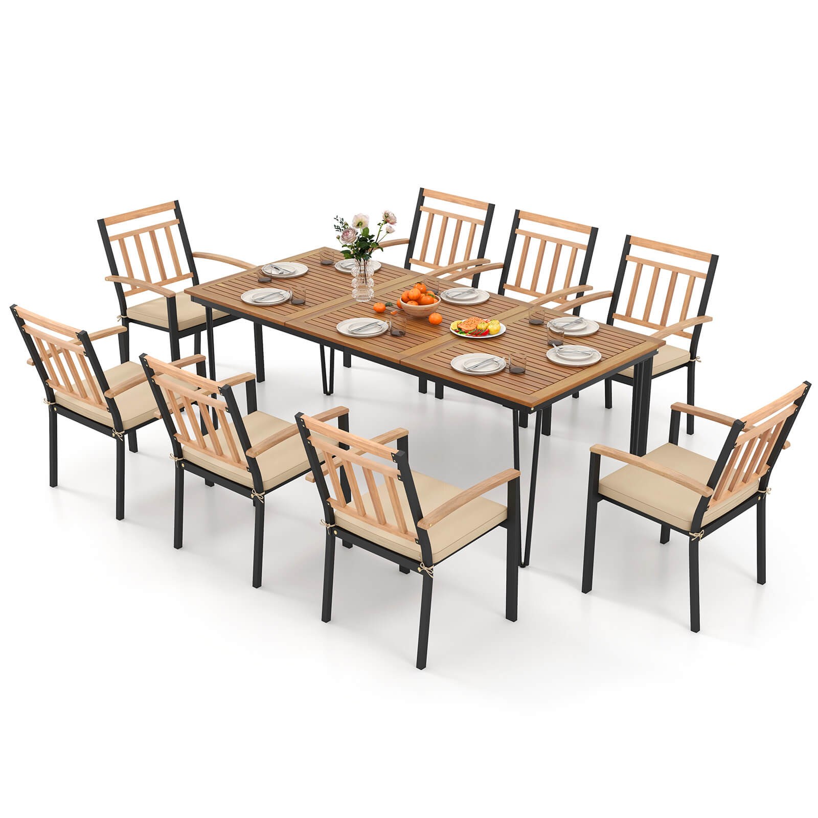 9 PCS Patio Dining Set w/Rectangular Acacia Wood Dining Table 8 Cushioned Chairs