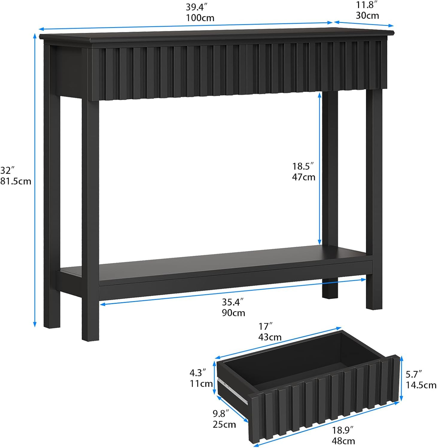 Fluted Console Table with 2 Drawers Narrow Sofa Table with Open Storage Shelf Mo