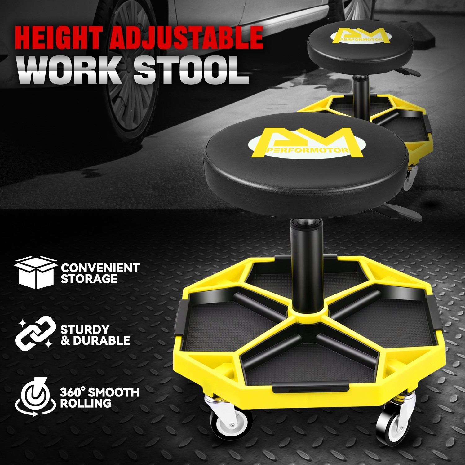 300lbs Adjustable Mechanics Rolling Seat Creeper Garage Stool Work Chair Yellow