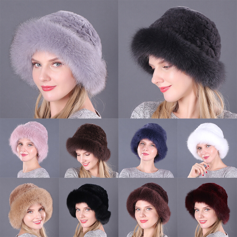 Real Rex Rabbit Fur Fox Fur Hat Woman's Winter Warm Beanie Cap Earmuffs Cap