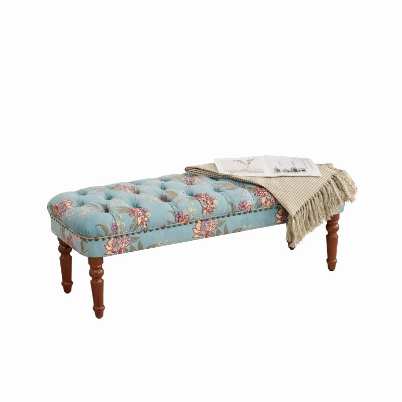 Classic Upholstered Button-Tufted Entryway Bench Ottoman with Turned Wood Legs