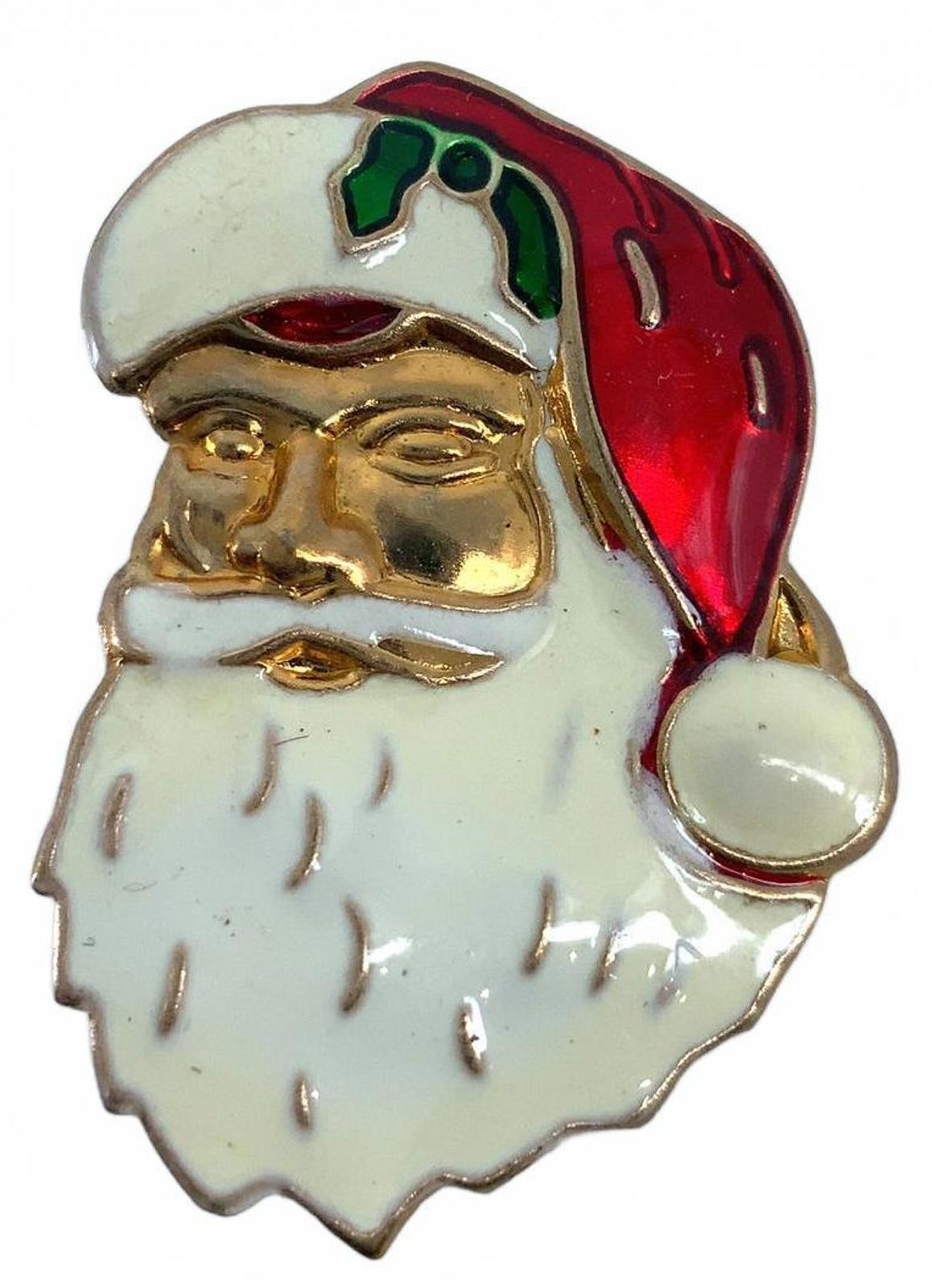Vintage Enamel Santa Claus Holiday Brooch Goldtone Christmas Lapel Pin Small