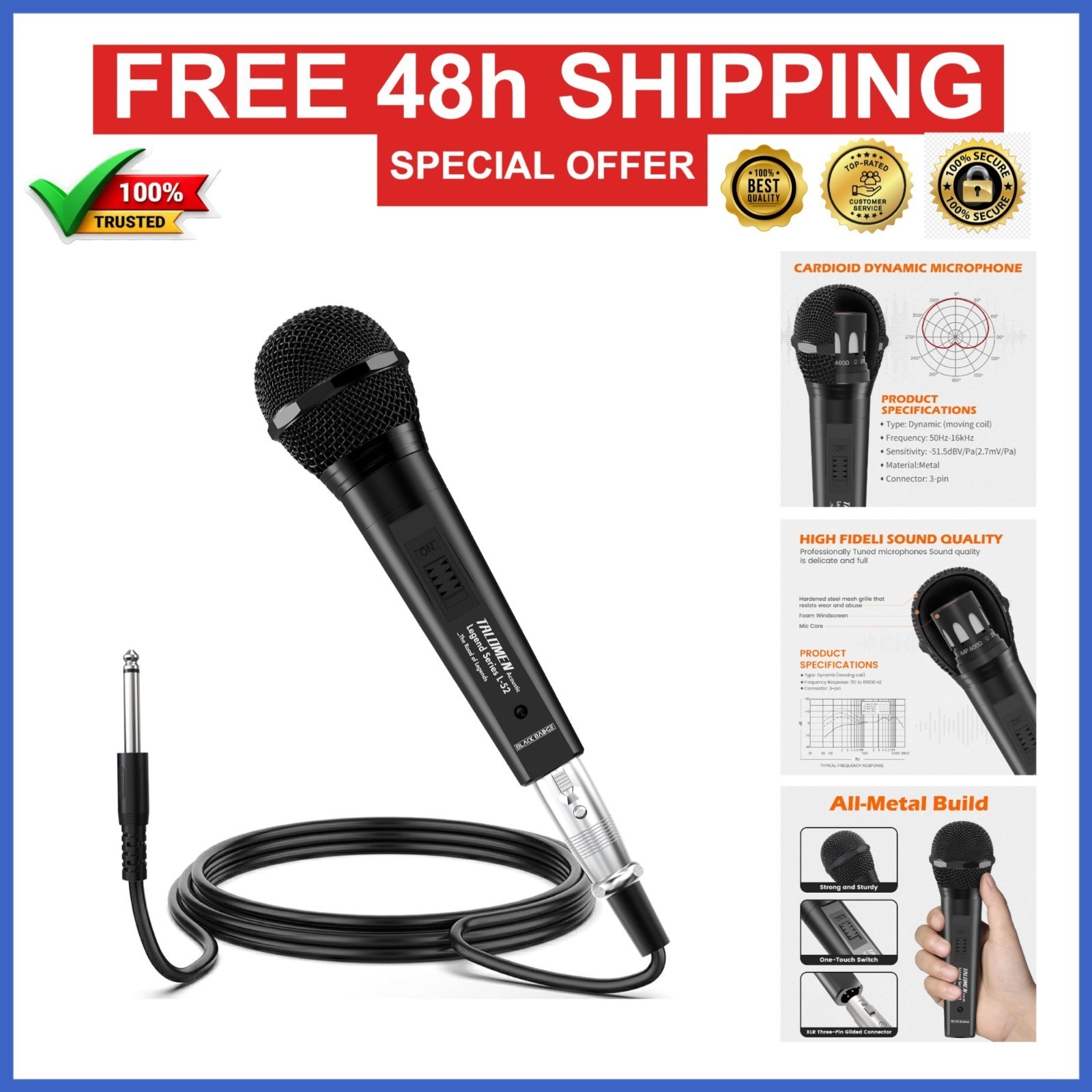 talomen L52-B Wired Microphone with XLR Cables, Cardioid Dynamic Mic
