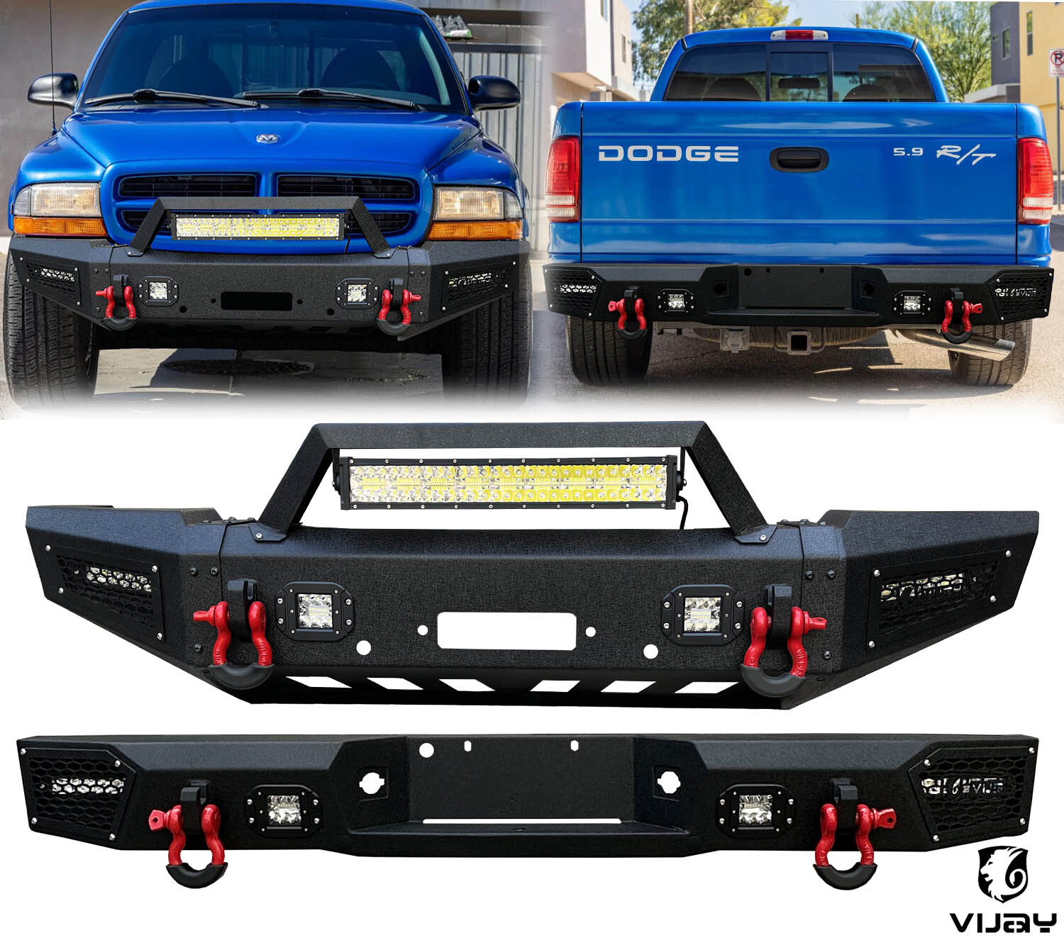 Vijay Fits1997-2004 Dodge Dakota Steel Front/Rear Bumper W/Winch Plate&LED Light