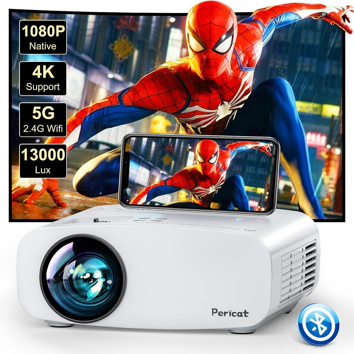 Pericat PJ108 5G WiFi Bluetooth Native 1080P Projector, PC, HDMI, TV Stick, PS5
